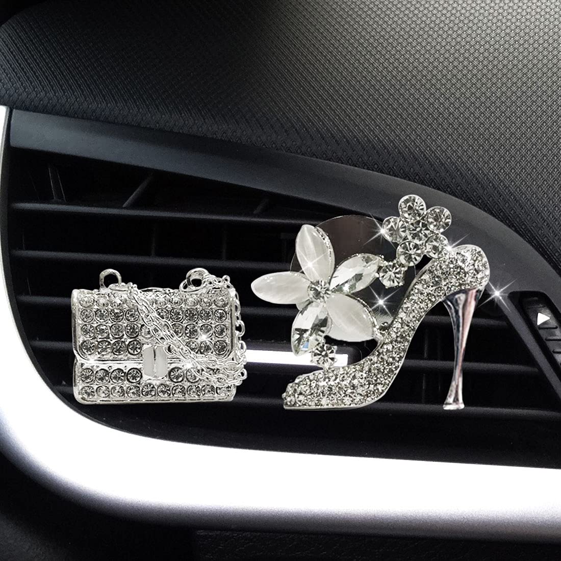 Jsacemxi Crystal High Heel Shoe & Magic Bag Car Air Vent Clip Charm Bling Sparkly Bedazzled Rhinestone Car Interior Bling Access