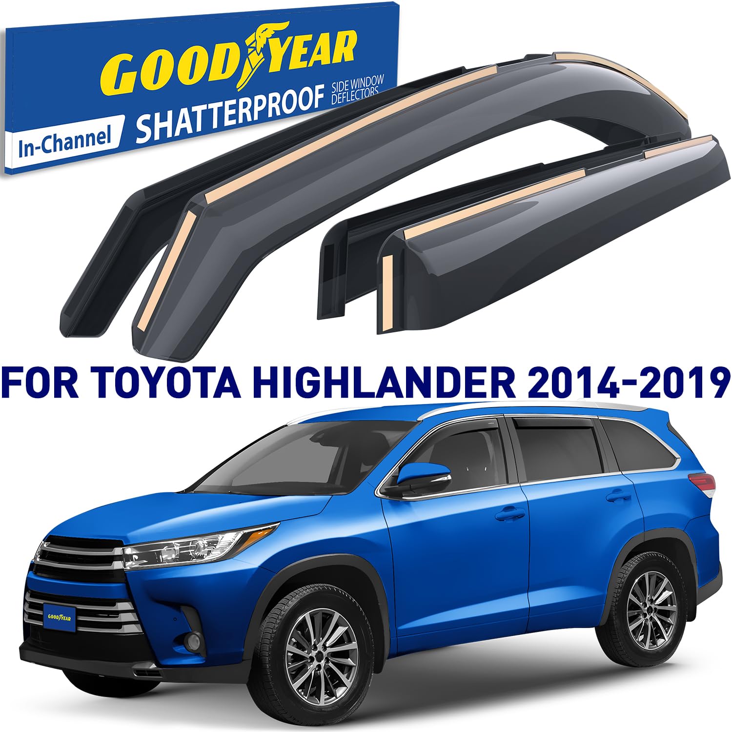 Goodyear Shatterproof in-Channel Window Deflectors for Toyota Highlander 2014-2019, Rain Guards, Window Visors for Cars, Vent De