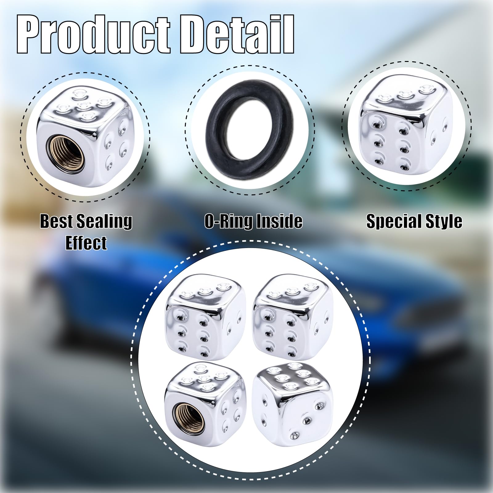 MEAJOO 4PCS Dice Tire Valve Stem Caps, Wheels Tire Air Caps with O Rubber Ring Accessories, Corrosion Resistant Leak-Proof, Univ