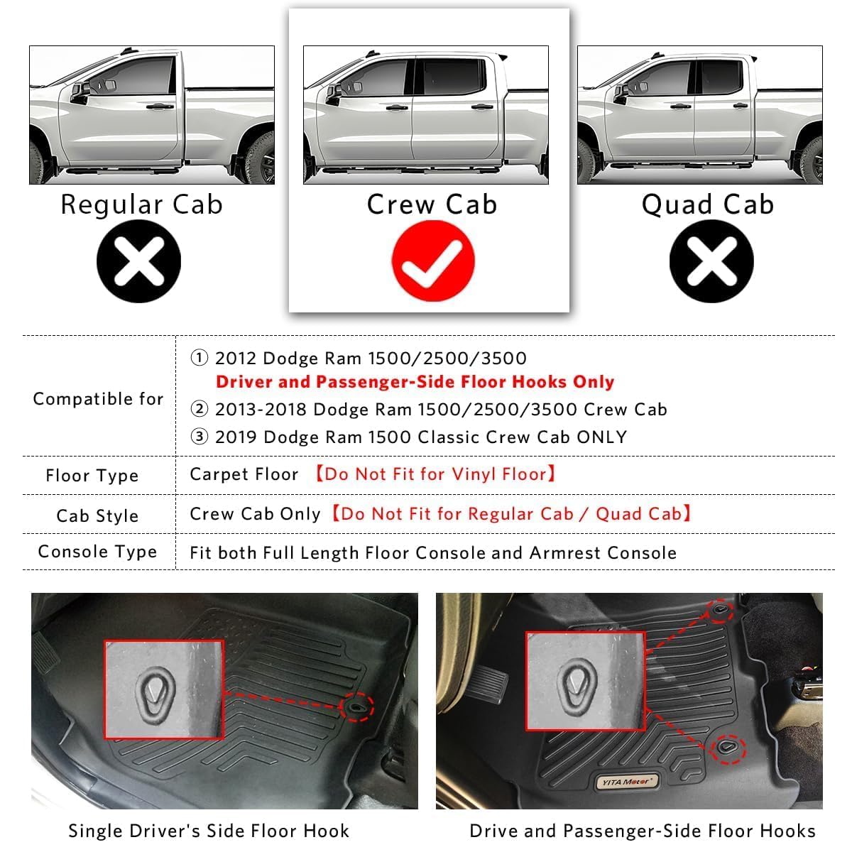 Yitamotor Floor Mats Fit For 2013-2018 Dodge Ram 1500/2500/3500 Crew Cab, 2019-2024 Ram 1500 Classic Crew Cab 1St & 2Nd Row All