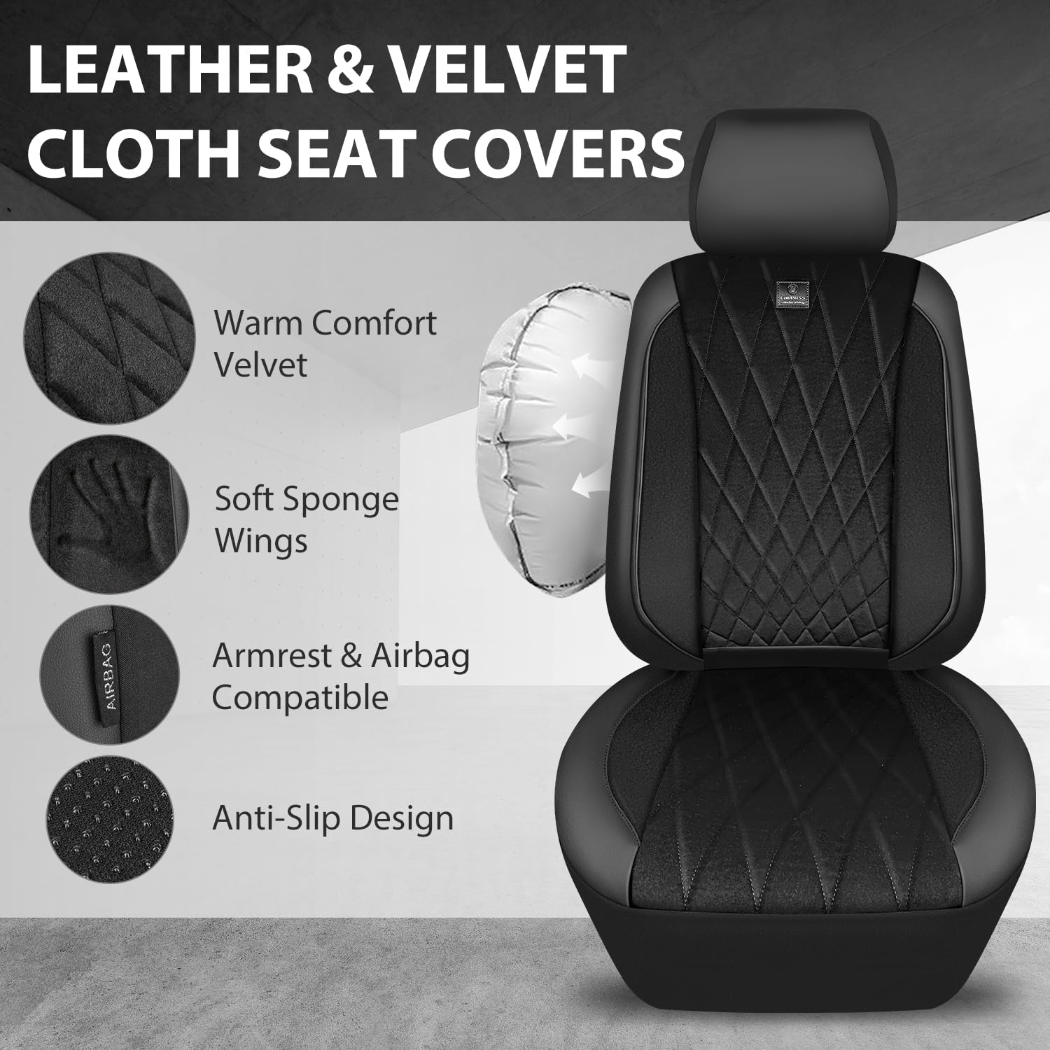 Car Pass Luxury Warm Velvet Leather Car Seat Covers Front Seats, Breathable Soft Premium Faux Leather Front Seat Covers, Armrest