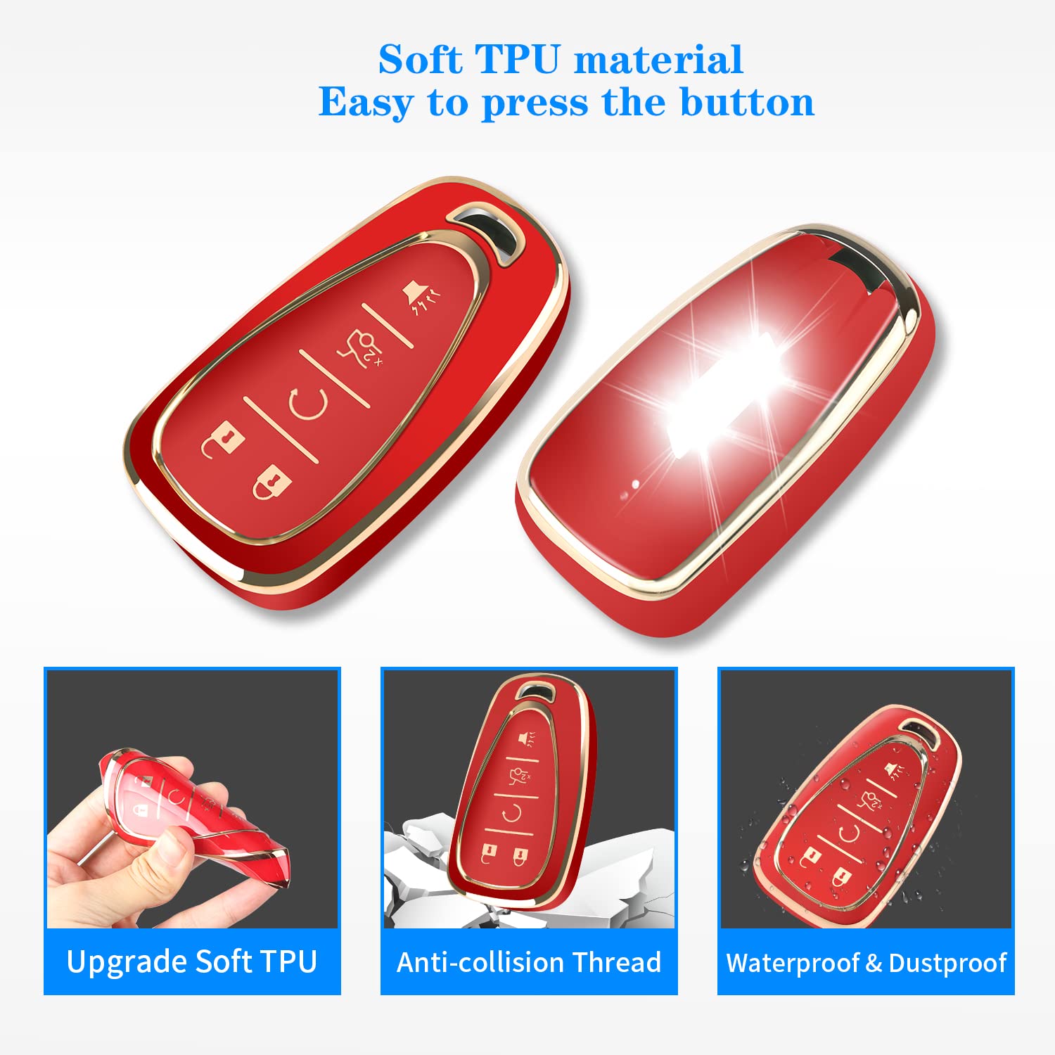 Qbuc For Chevy Key Fob Cover With Keychain Tpu Protector Suitable For Chevrolet Equinox Malibu Traverse Blazer Camaro Impala Cruze Volt Bolt Sonic Trax Tahoe Key Shell Remote Holder(Red)