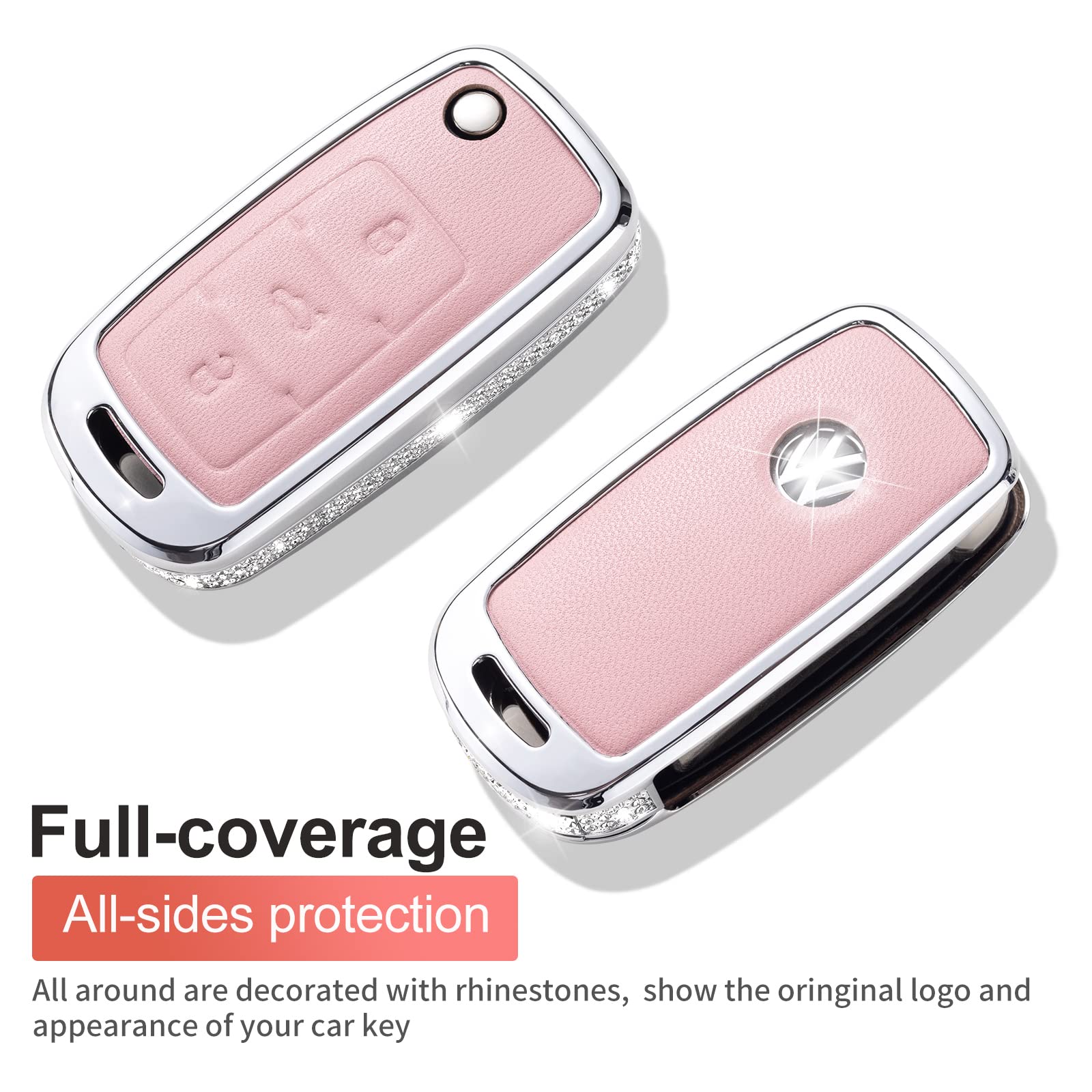 Ruabiban Compatible With Vw Volkswagen Key Fob Cover With Keychain, Pink Genuine Leather Crystal Key Case Protection Shell Fit F