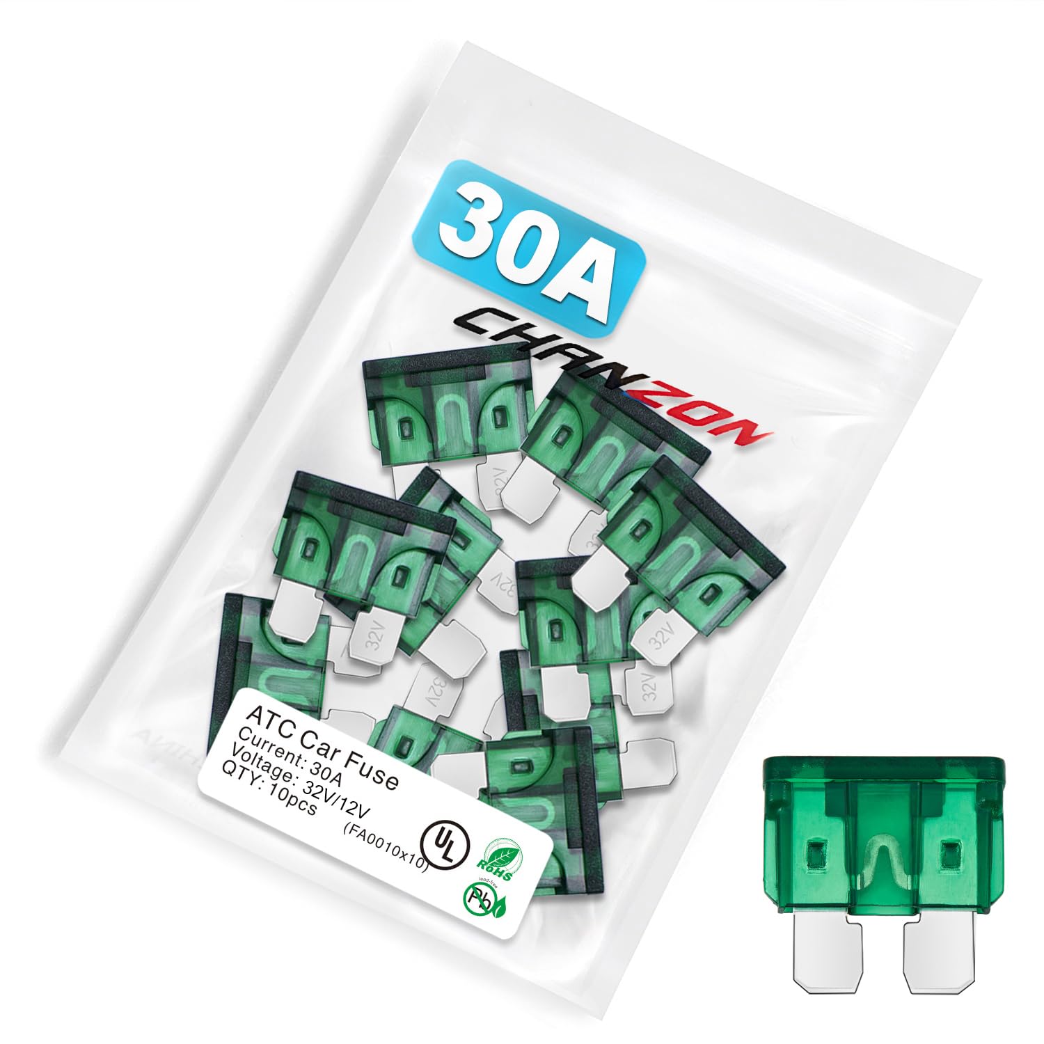Chanzon Ul Listed 30A Auto Blade Fuse Standard Atc/Ato/Apr 30 Amp 32V 10Pcs Auto Fuses Fast Blow For Automotive Car Rv Truck Suv