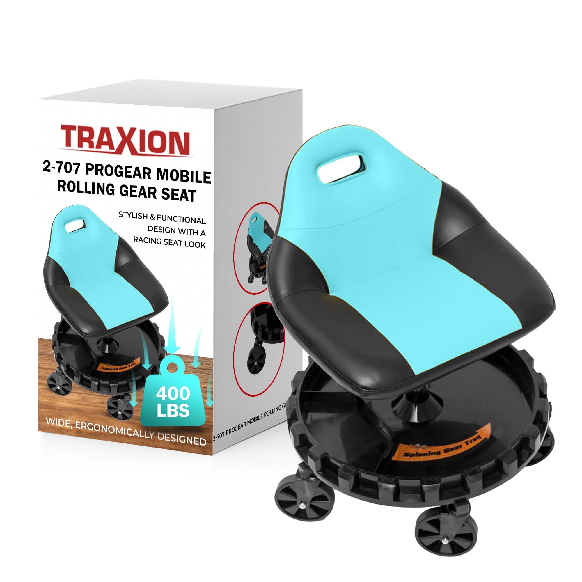 Traxion 2-707 Progear Mobile Rolling Gear Seat - Aqua Edition With Adjustable Height, Equipment Tray, And Five 5'' All-Terrain C