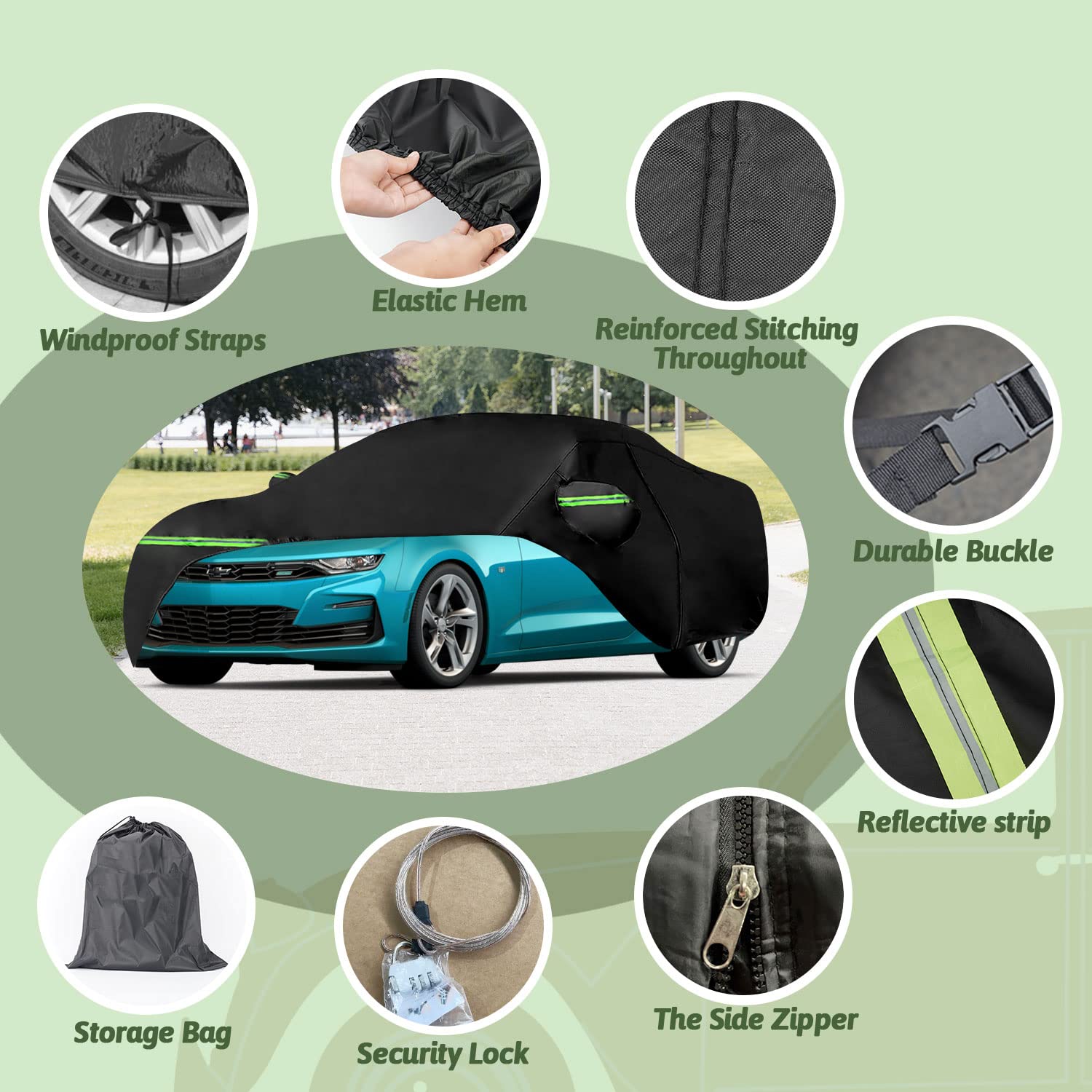 for 2010-2025 Chevy Camaro Waterproof Car Covers, 210T All Weather Protection Full Car Cover with Windproof Gust Strap and Zippe