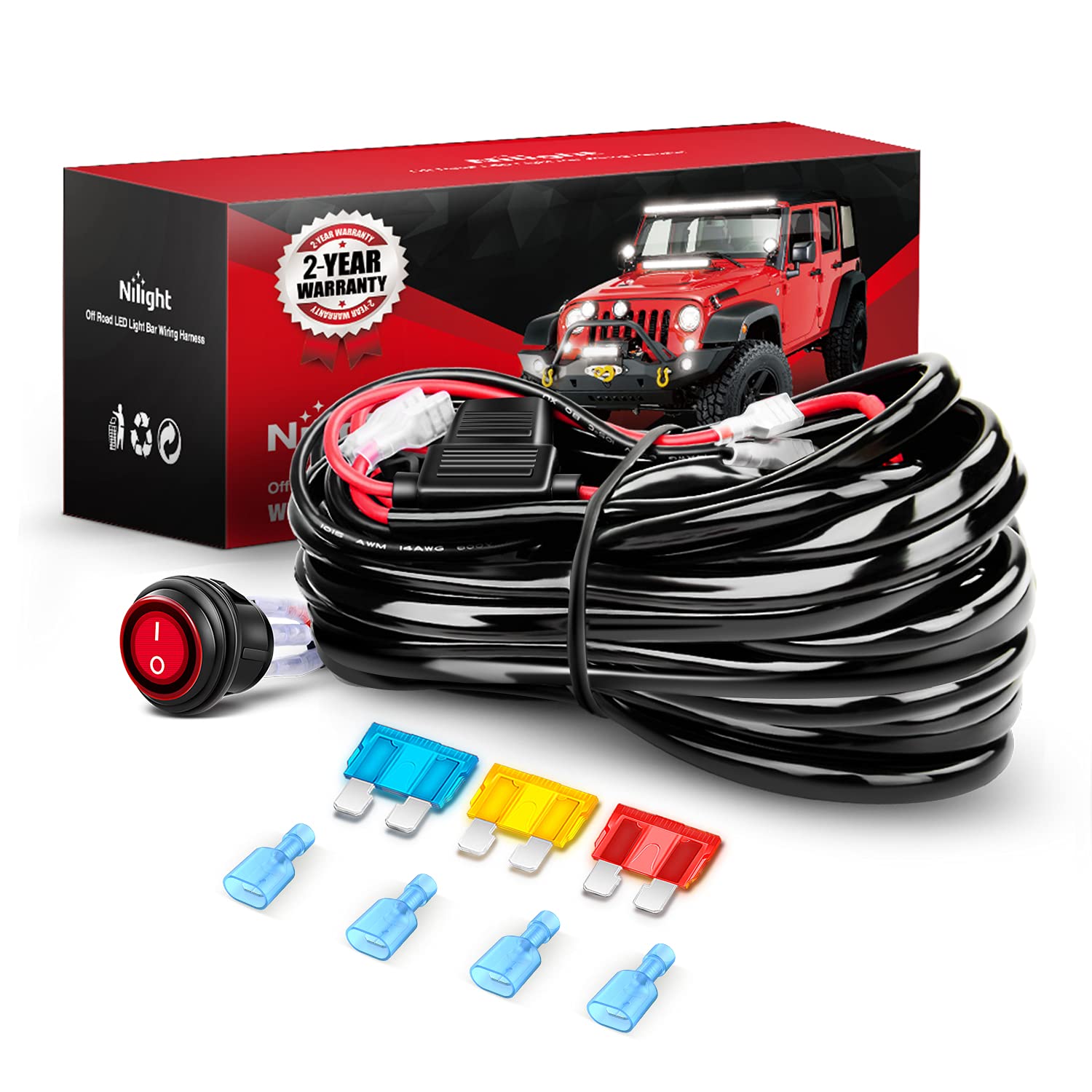 Nilight Led Light Bar Wiring Harness Kit - 2 Leads 14Awg Heavy Duty 12V On Off Switch Power Relay Blade Fuse For Off Road Led Wo