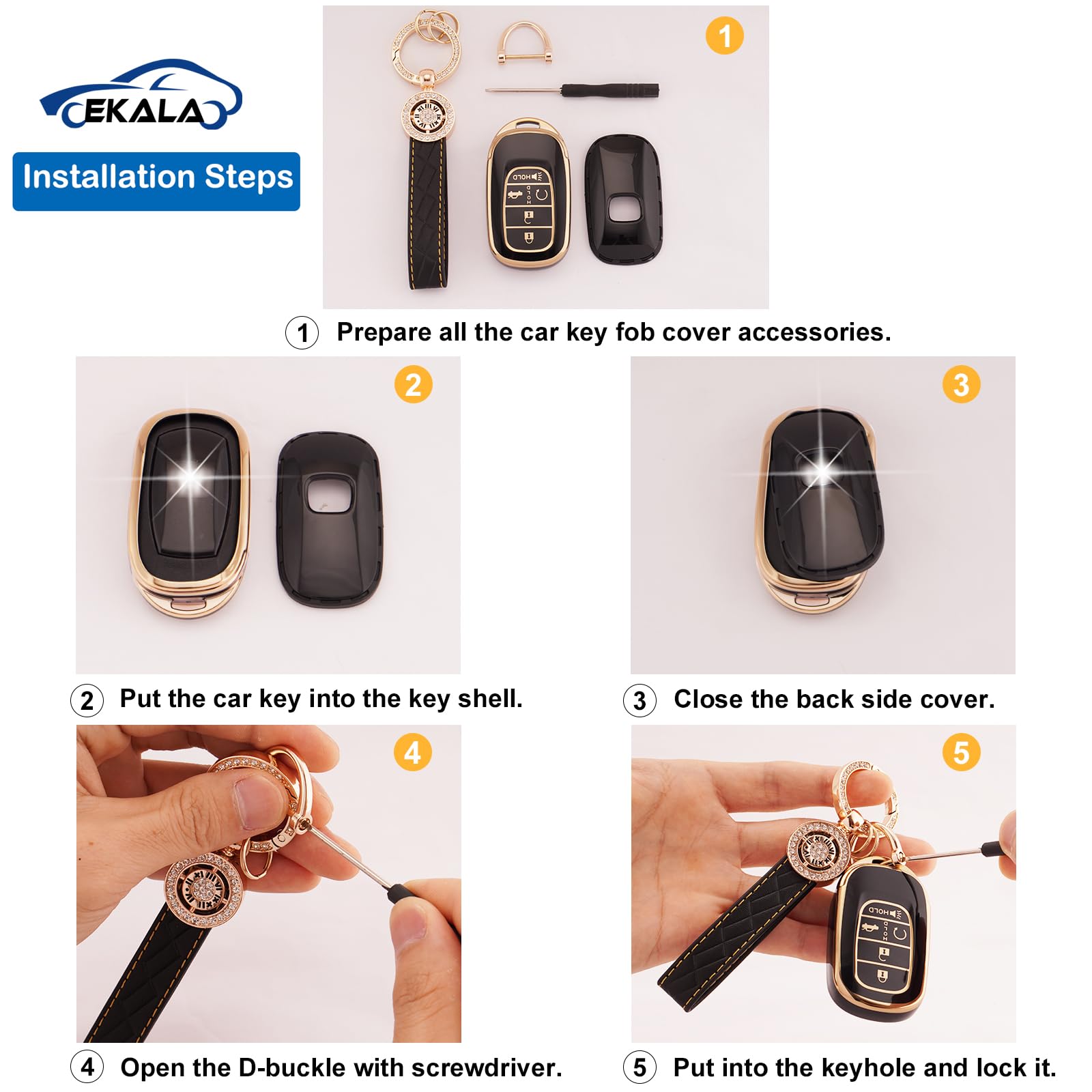 EKALA Honda Key Case with Leather Keychain, 5 Button Soft TPU Shells for 2023-2024 Honda Civic Accord Pilot CR-V HR-V Smart Key