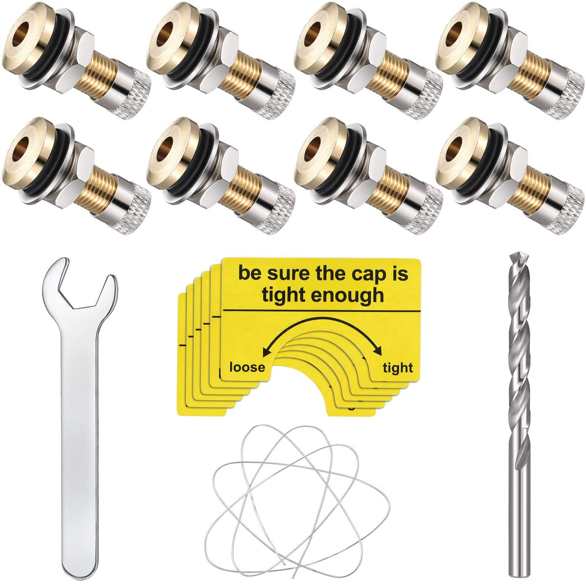 19 Pieces Fuel Gas Can Vent Caps 8 Pieces Fuel Gas Tank Vent Caps Gas Can Replacement Vent Plug Metal Gas Jug Vent Caps With Drill, Wire, Wrench And Warning Stickers For Gas Fuel Can (Silver)