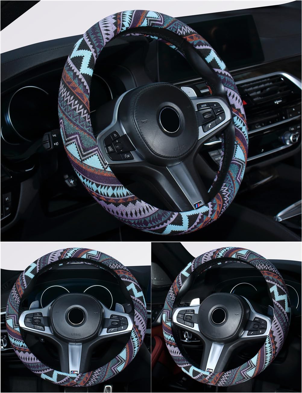 Istn Ethnic Style Coarse Flax Cloth Automotive Steering Wheel Cover Anti Slip And Sweat Absorption Auto Car Wrap Cover (M, 14.5'