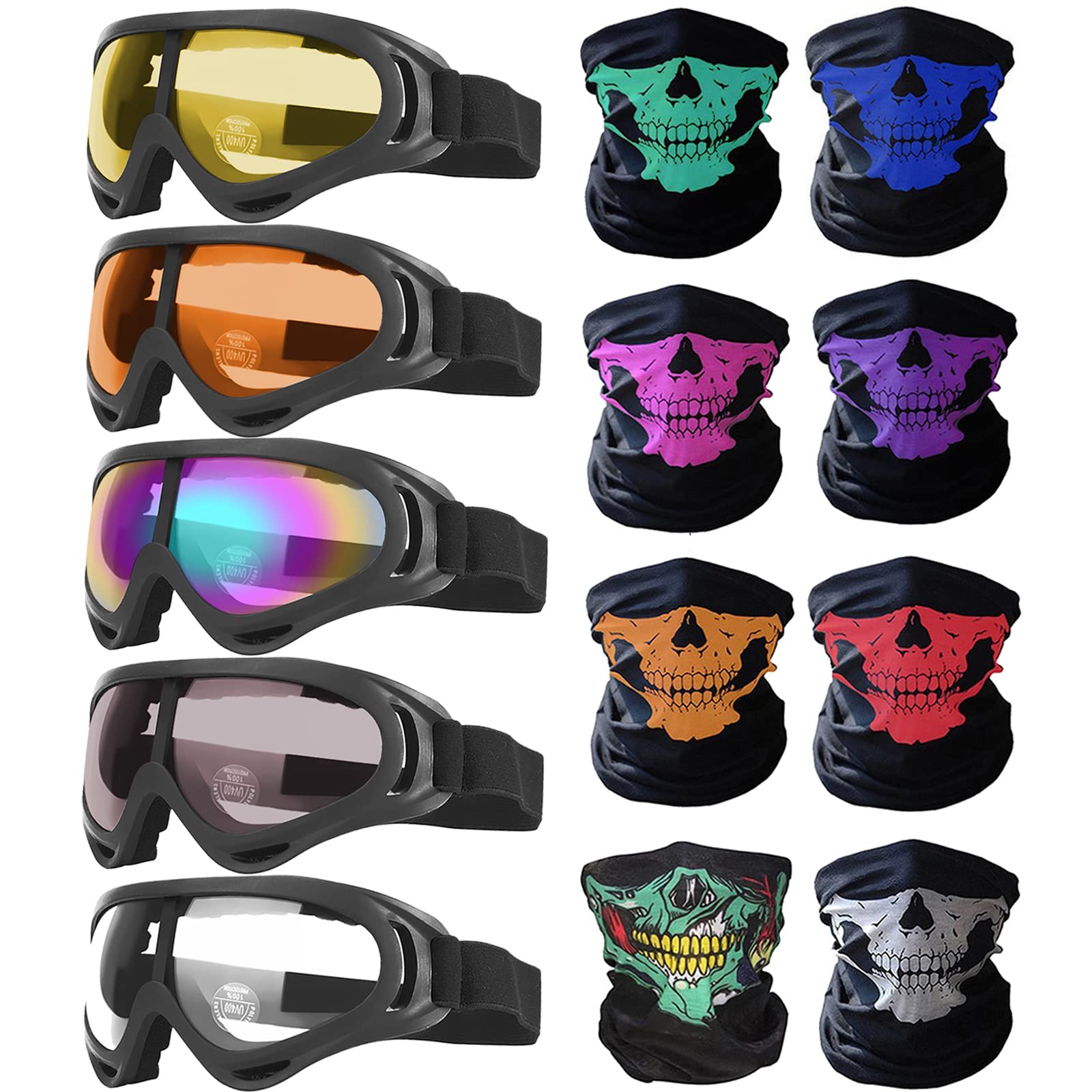 Peicees 13Pcs Motorcycle Set, 5 Dirt Bike Ski Goggles Uv Protection Dustproof Windproof Safety Glasses With 8 Skull Face Mask