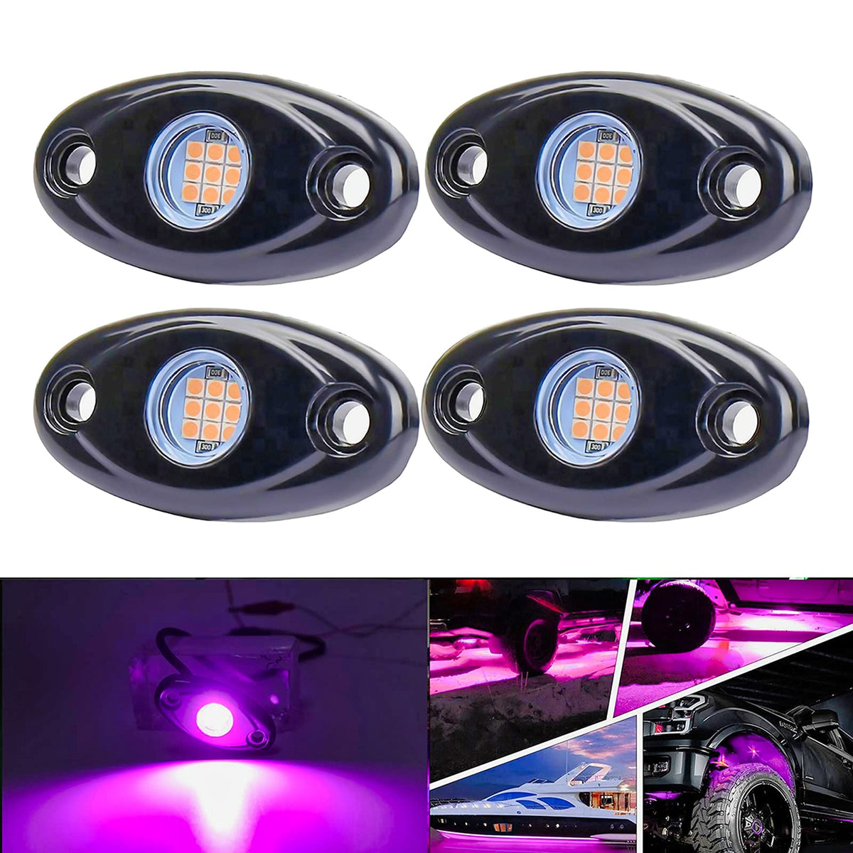 Purple Pink Led Rock Lights With 4 Pods Neon 12V Underglow Underbody Kit Crawler Crawling Dome Exterior Wheel Lamp Compatible Fo