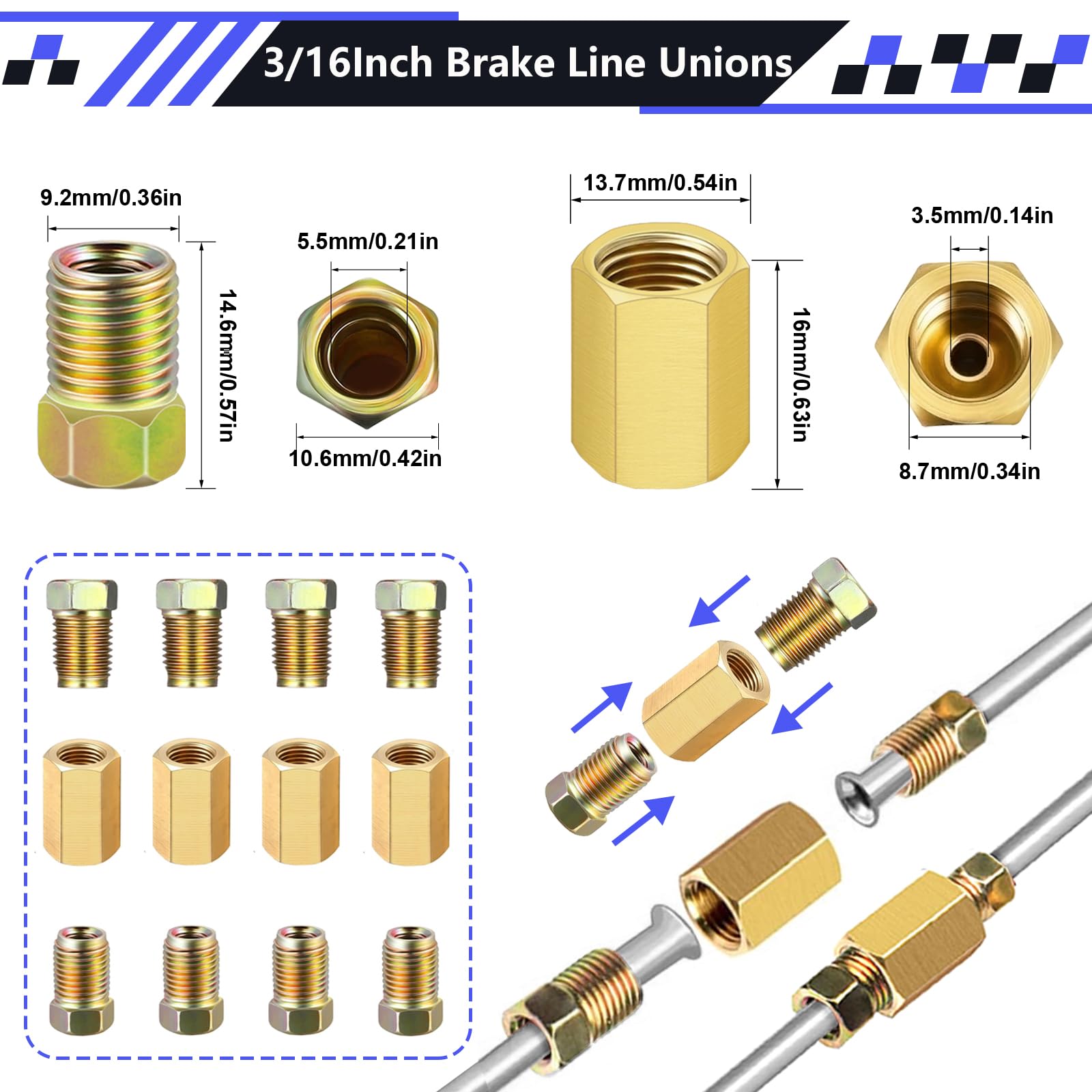 smseace 2Sets 25Ft. 3/16'' Brake Line Tubing Kit with Fittings(Includes 32pcs Fittings and 4pcs Unions+8pcs Nuts) Zinc-Coated Br