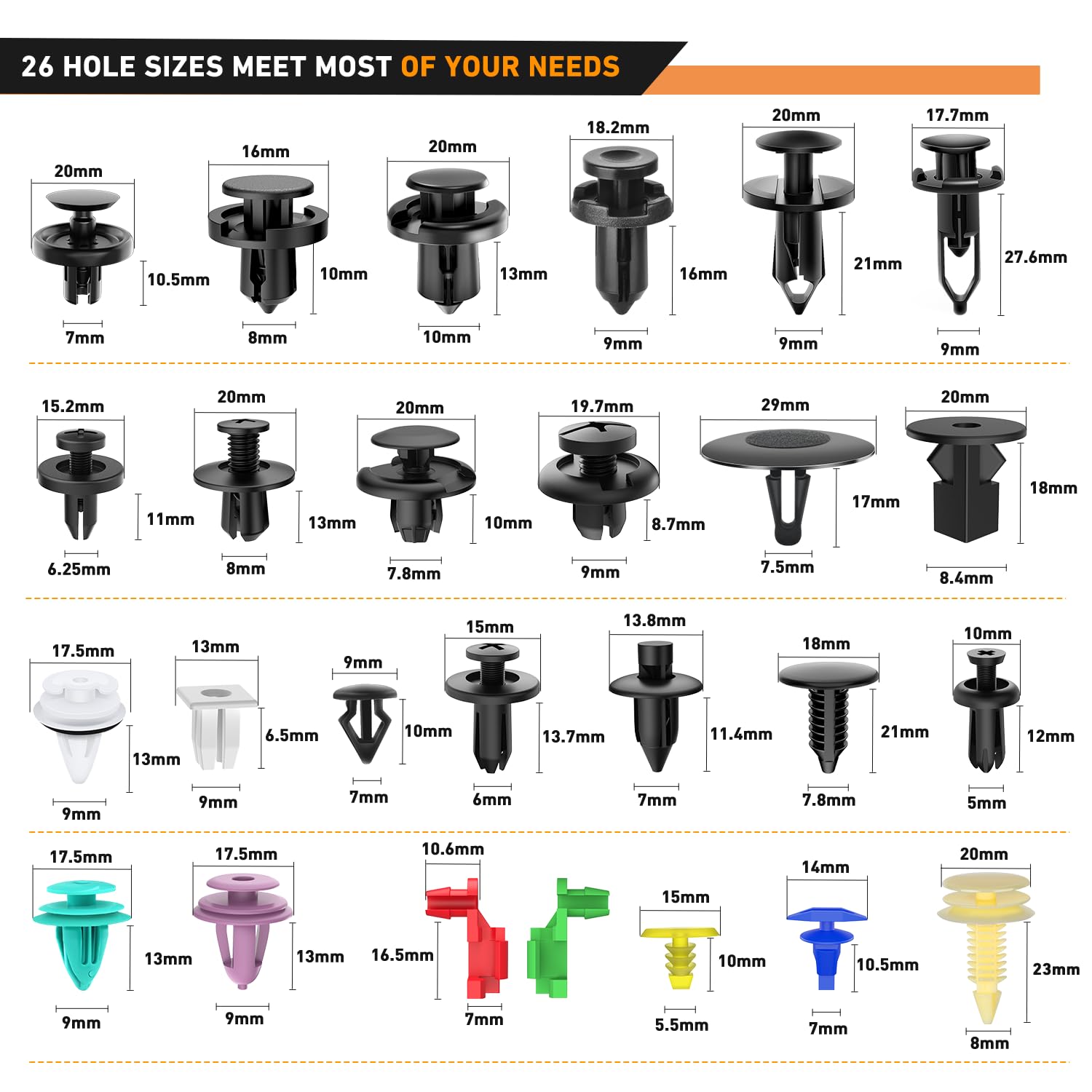 Gooacc 935Pcs Car Push Retainer Clips & Auto Fasteners Assortment -26 Most Popular Sizes Nylon Bumper Fender Rivets With 10 Cabl