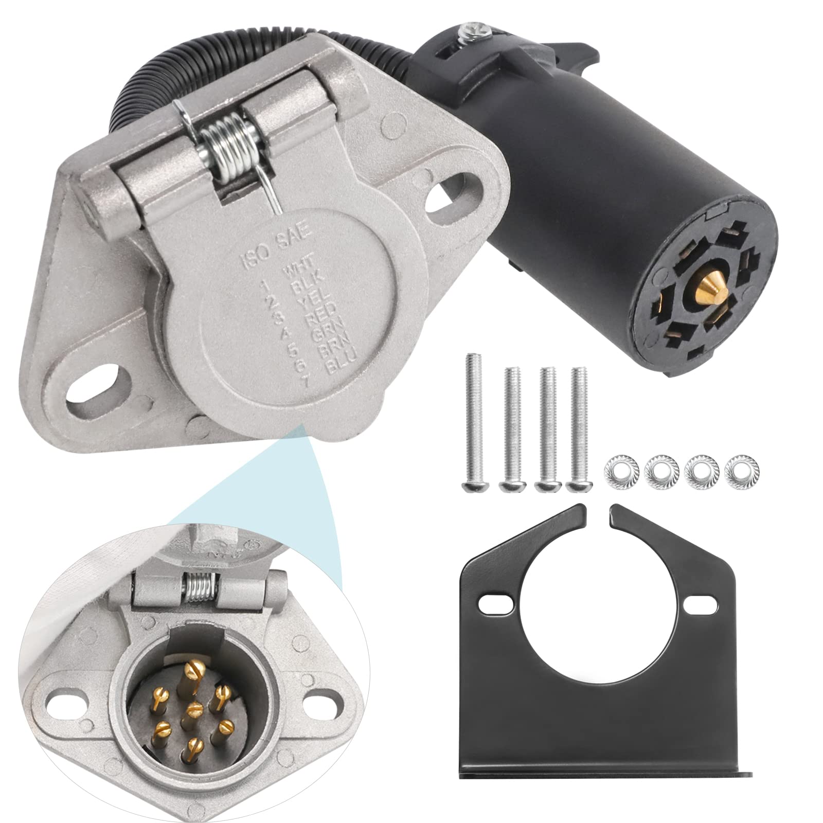 MECMO 7-Way RV Blade to 7 Way Round Pin Trailer Adapter Connector, Die-cast Zinc with Mounting Bracket, 7 RV to 7 Pole Pin Trail