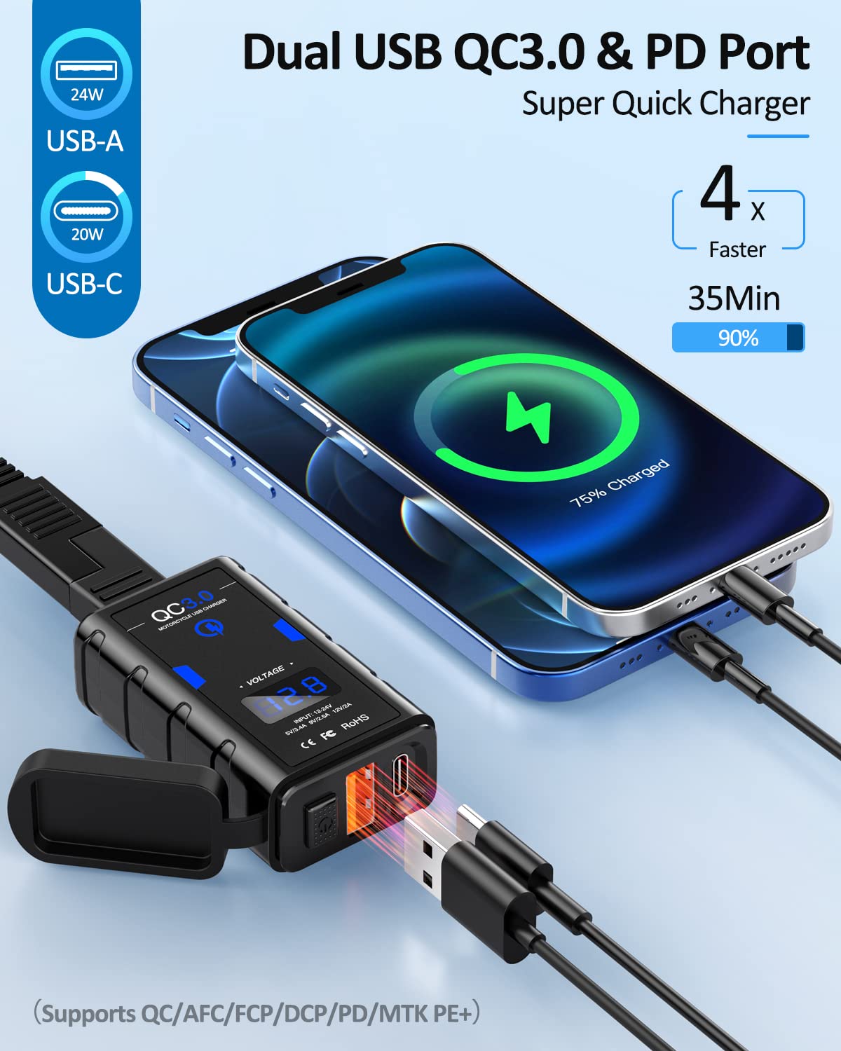 Extractme Motorcycle Usb Charger, Upgraded 6.4A Quick Charge 3.0 & Type C Pd Dual Phone Charger With Voltmeter, Waterproof Motorcycle Accessories For Phone, Tablet, Gps, Etc