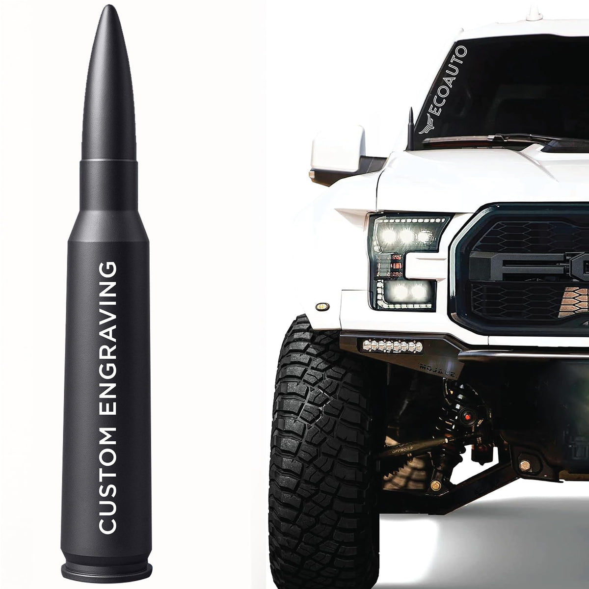 EcoAuto Badass Bullet Antenna - Personalized Designs & Custom Engraving, Military-Grade Aluminum, Anti-Theft, Anti-Chip, for Dod