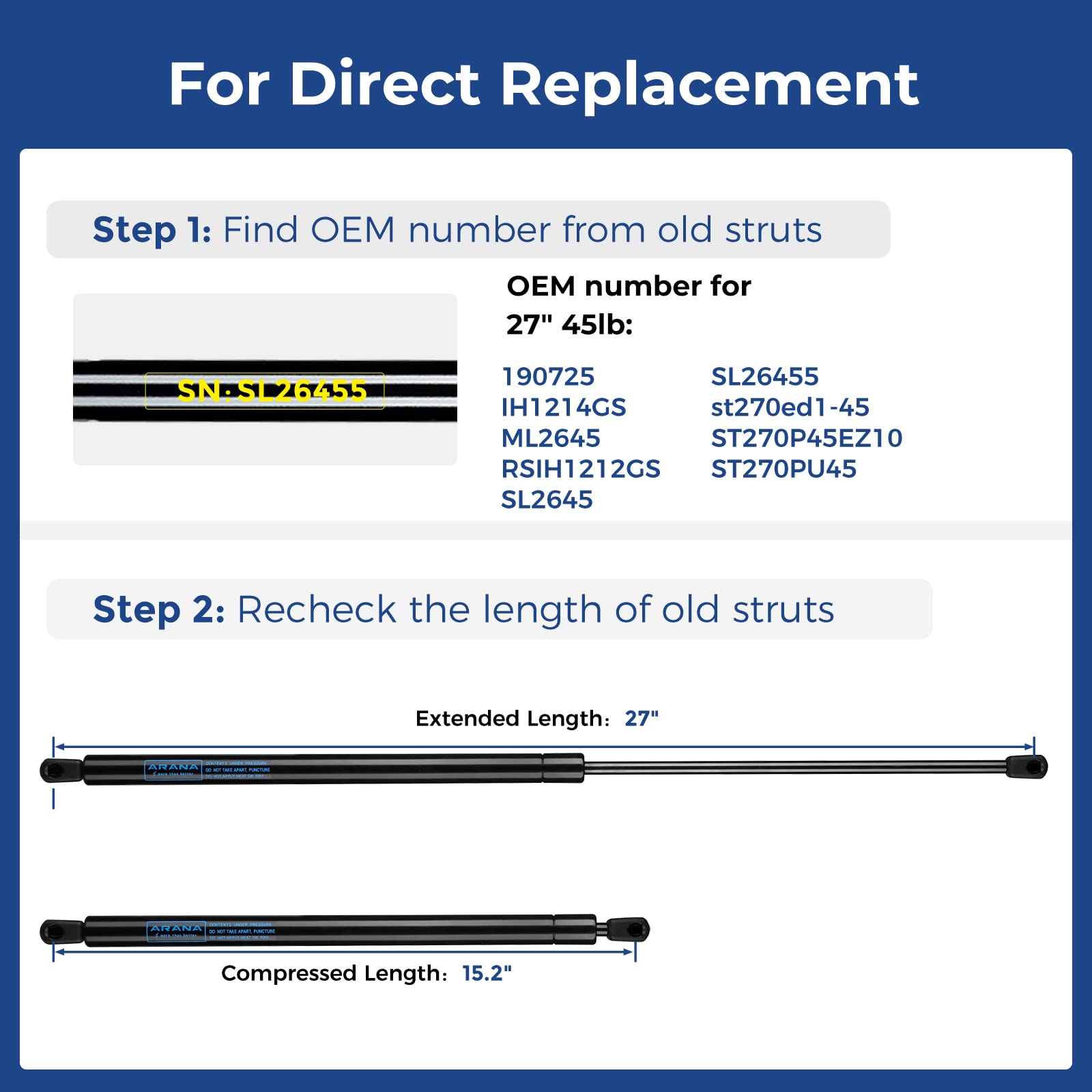 Arana St270Edi2-45 27 Inch Gas Strut 45Lbs/200N, St270Edi2-45 Undercover Replacement Struts For Tonneau Cover Pickup Truck Bed C