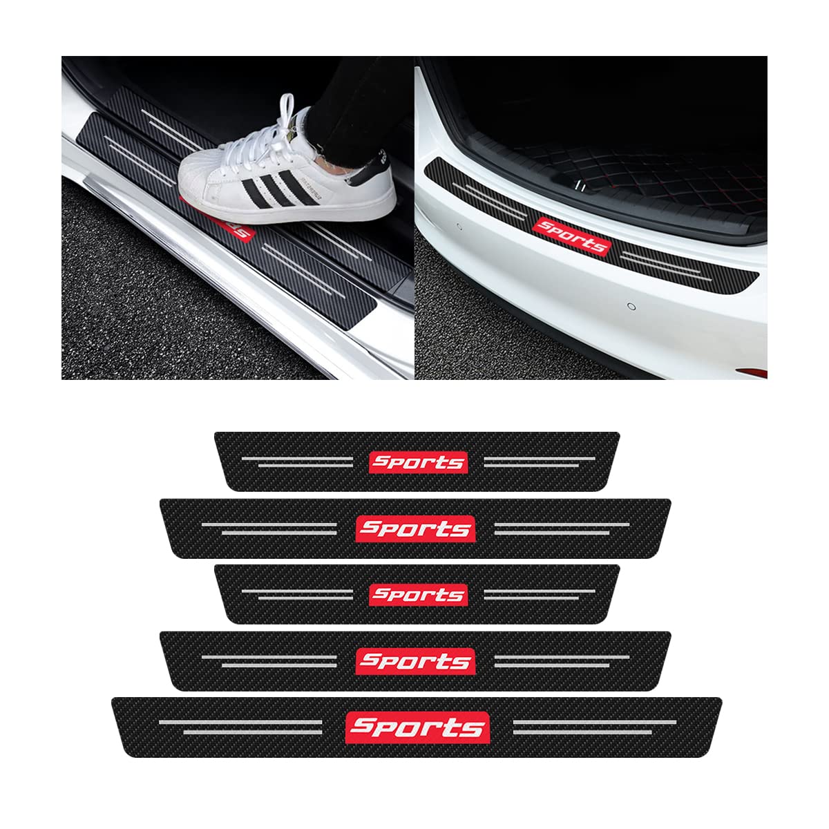 4Pcs Car Door Sill Protector And 1Pcs Rear Bumper Guard, Carbon Fiber Anti-Scratch Cover Strips, Trunk Door Entry Edge Protection Sticker, Auto Accessories Universal For Most Vehicles (Red/Sport)