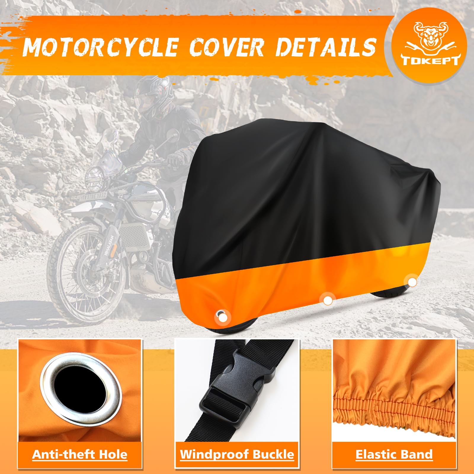Tokept Motorcycle Cover All Season Universal Waterproof Sunscreen Outdoor Protection with Lock-Holes & Storage Bag Fits up to 11