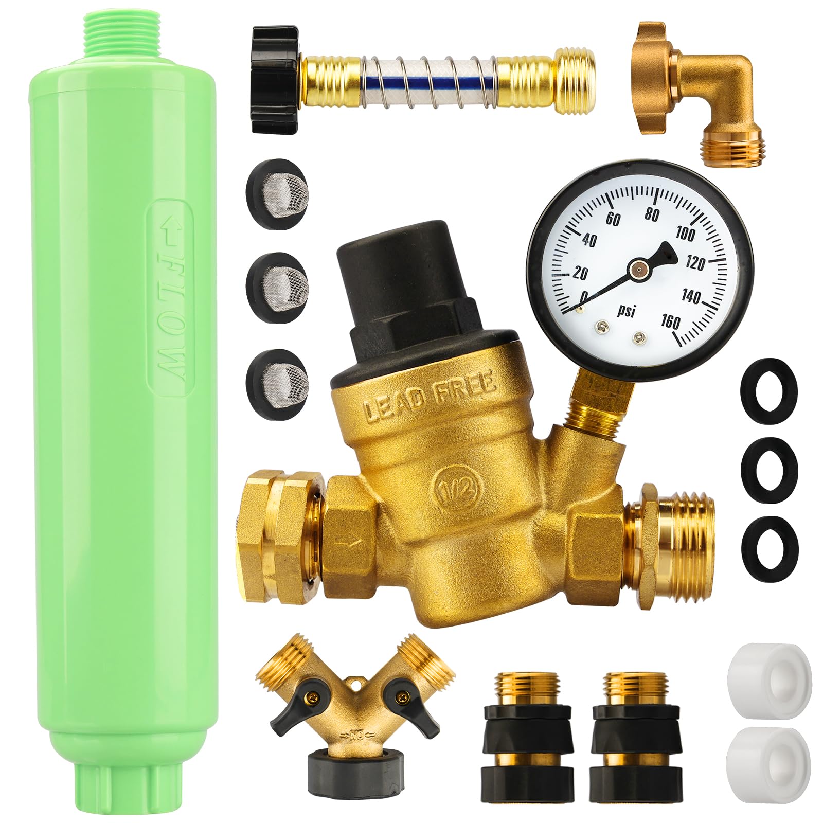 RVINGPRO RV Water Pressure Regulator and Filter Kit All-in-One Lead-Free Fresh Water Kit, Complete Drinking Water Hookup Kit for