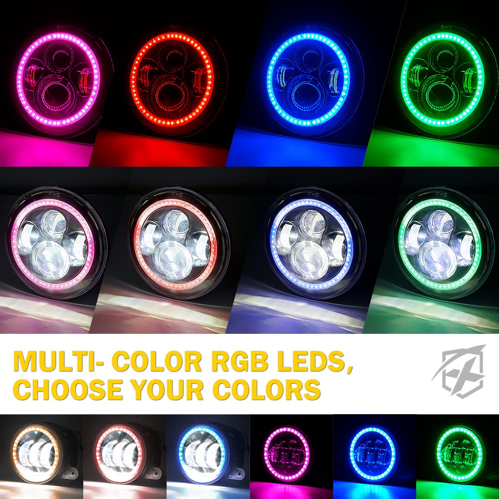 Xprite 7'' Inch Rgb Halo Led Headlights & 4'' Fog Lights Led Combo Headlamp Assembly Dual Controlled Rgb Light Kits Compatible W