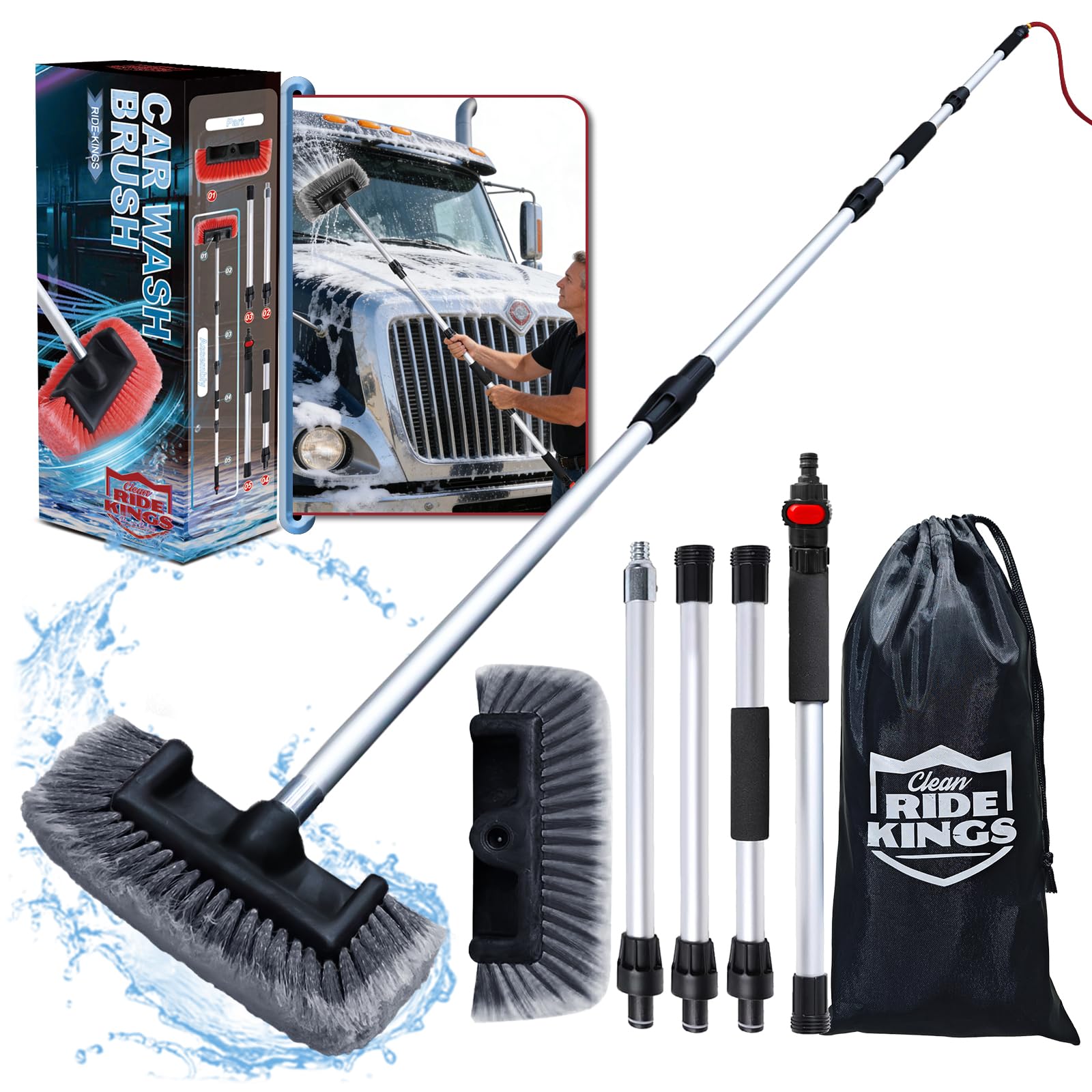 Ride Kings 65 Flow-Thru Car Wash Brush with Hose Attachment, Soft Bristle Scrub Brush for Washing House Siding, Solar Panels, RV