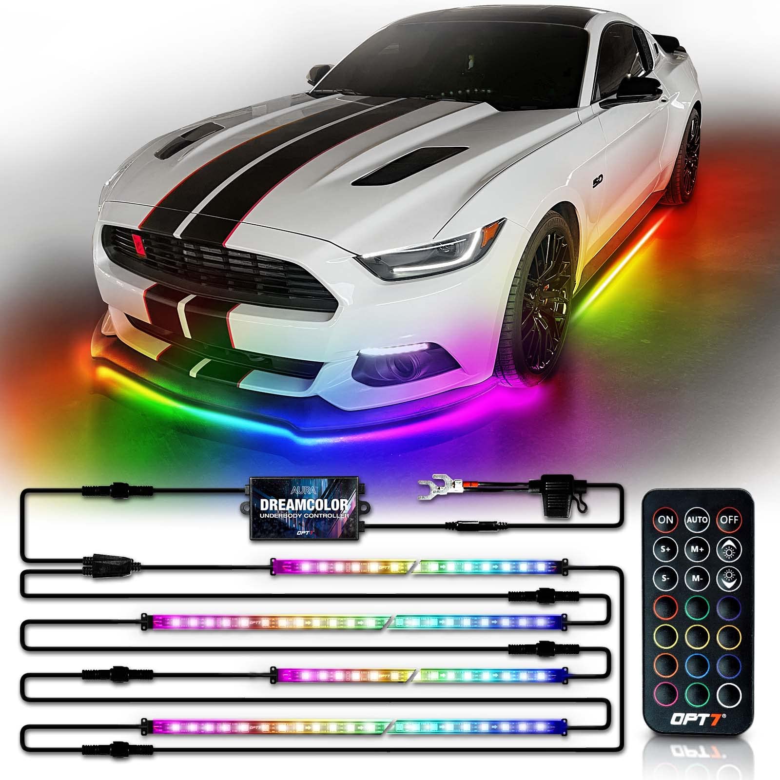Opt7 Aura Dreamcolor Underglow Chasing Light Kit With App & Remote Control, 4 Pcs Flexible Rgbic Led Light Strips, Exterior Neon