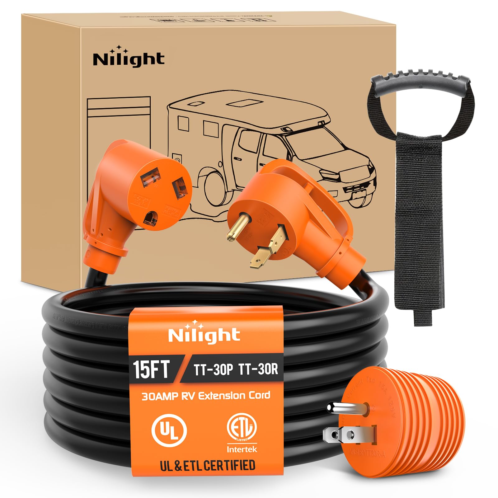 Nilight 15Ft 30 Amp Rv Extension Cord With Adapter 15Amp To 30Amp 125V Heavy Duty 10/3 Gauge Pure Copper Stw Wire Ul Etl Listed