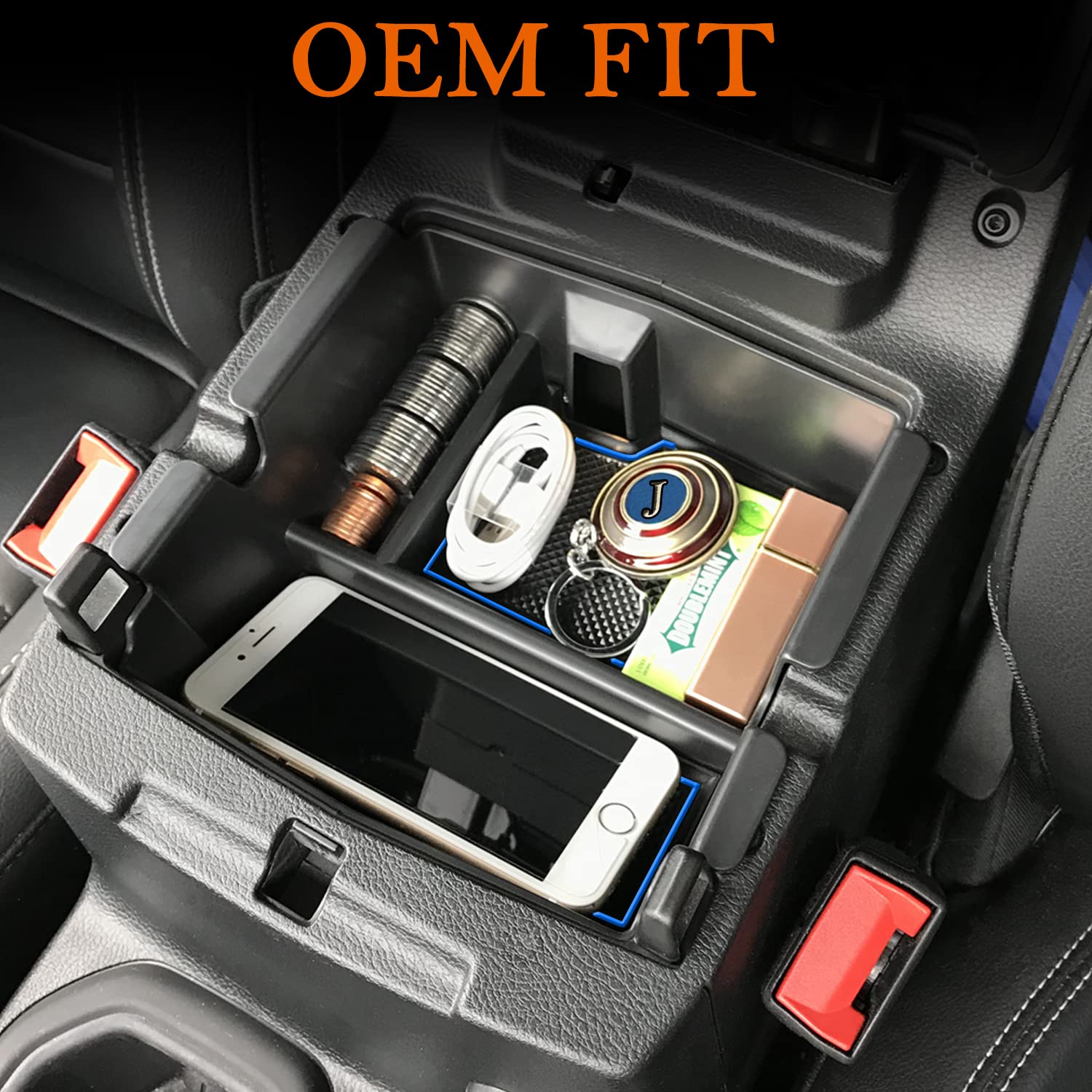 Compatible With Center Console Organizer Tray Wrangler Jl/Jlu 2018 2019 2020 2021 2022 2023 And Gladiator Jt Truck 2020 2021 2022 2023 Insert Armrest Accessories (Blue Trim) (Not For Jk/Jku)