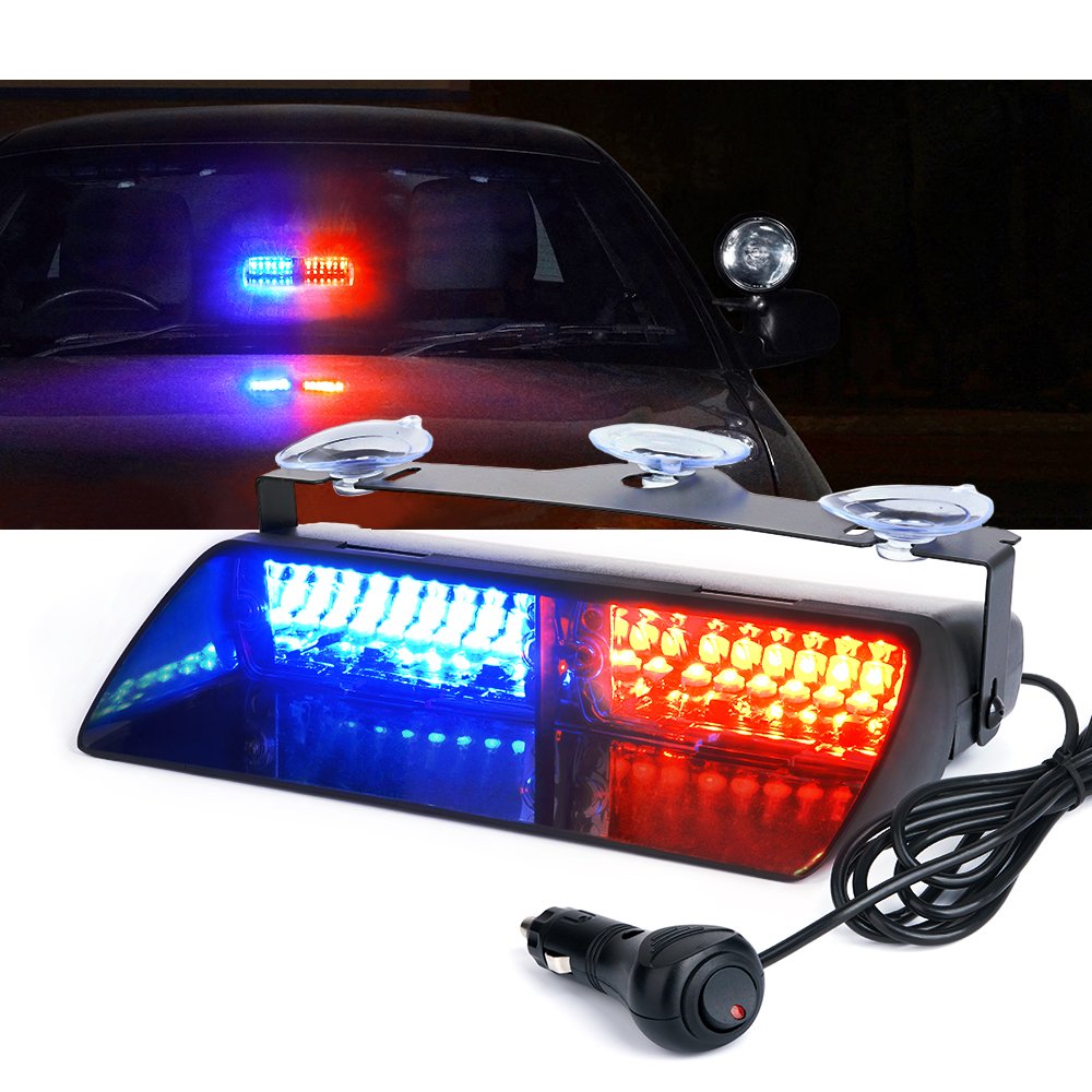 Xprite Red Blue Led Emergency Dash Strobe Light, Interior Windshield Safety Warning Police Lights W/Suction Cups, 12V Windshield