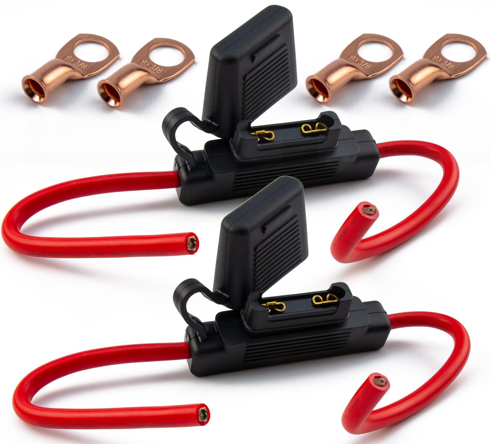Vansiho 2Pcs Black In-Line 8 Gauge Awg Waterproof Fuse Holder For Maxi Fuse With 4Pcs Ul Wire Lugs 8 Awg 3/8 Inch Copper Stud Ri