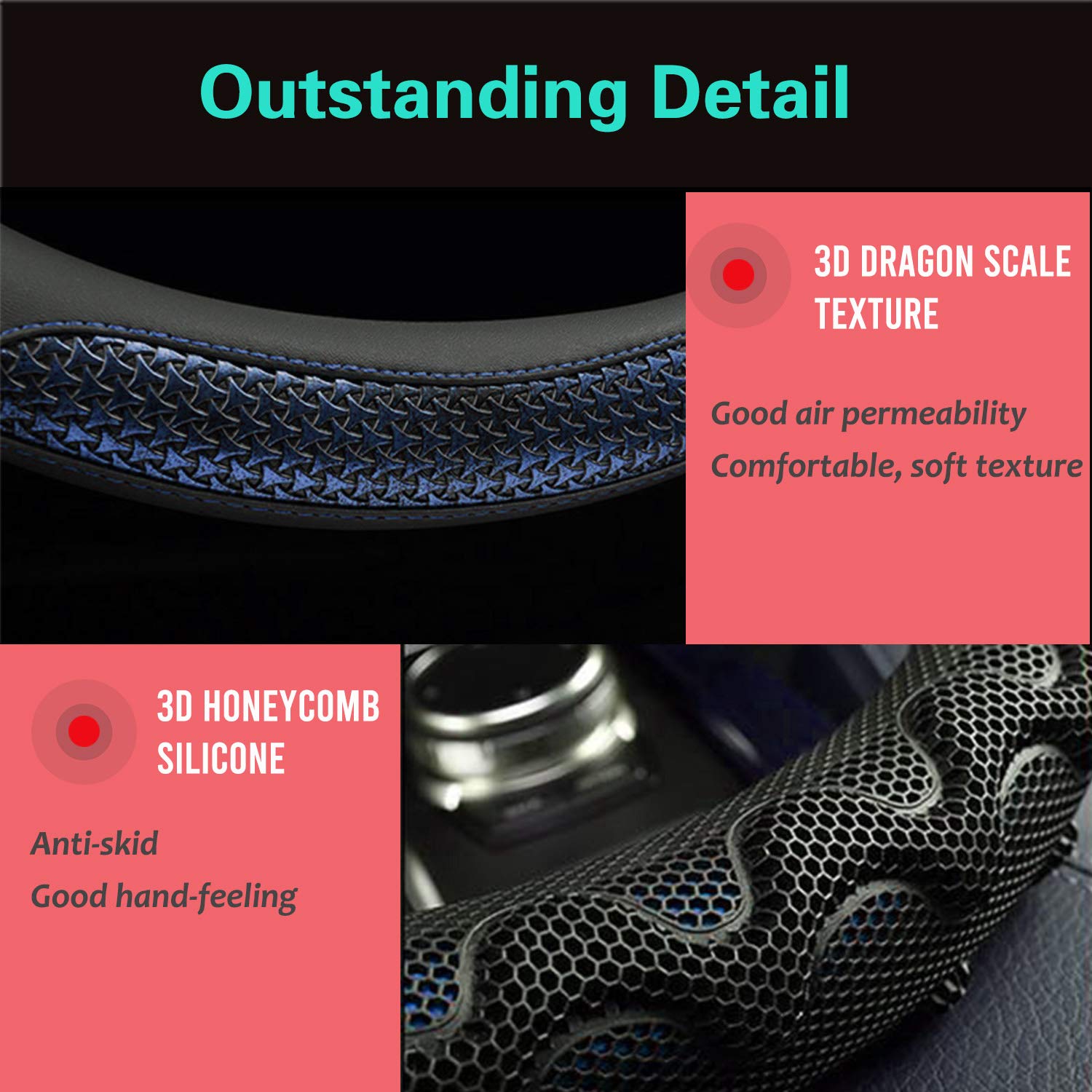 Pinctrot Steering Wheel Cover Great Grip With 3D Honeycomb Anti-Slip Design, Universal 14.5-15 Inch (Blue)