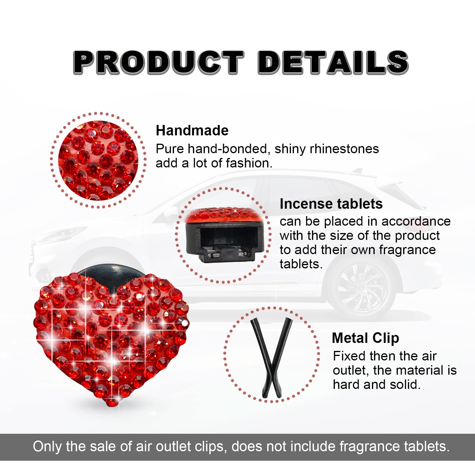 2Pcs Bling Crystal Heart Charms Car Air Vent Clips, Universal Car Interior Decoration Accessories (Red)