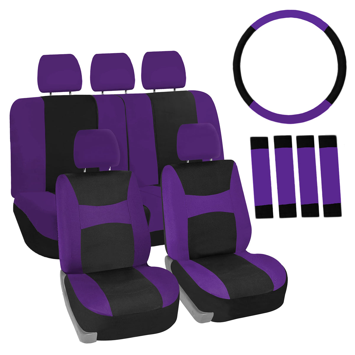 Fh Group Car Seat Covers Front Set And Rear Split Function With Steering Wheel Cover And Seat Belt Pads Combo Set Purple Seat Co