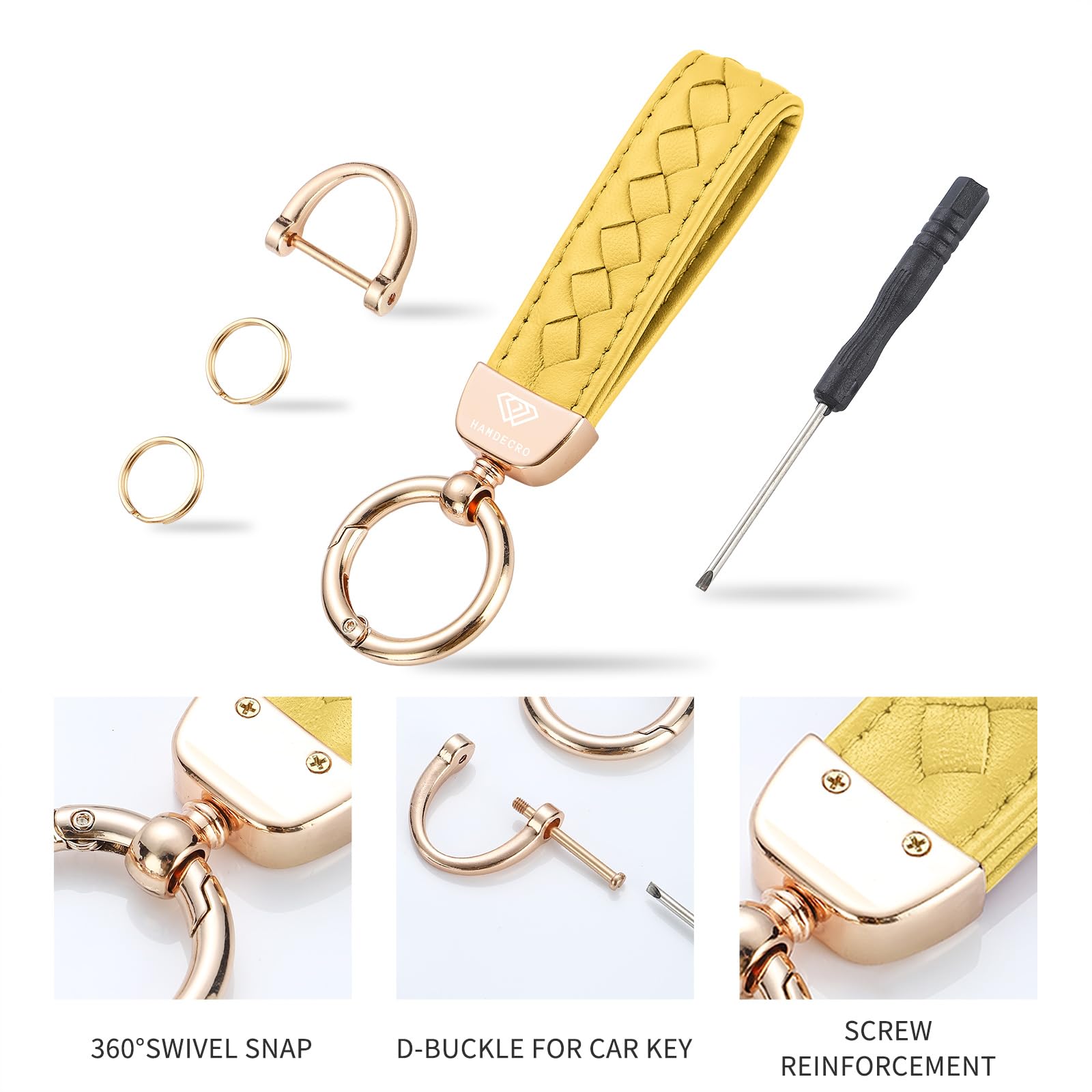 Genuine Leather Keychains, Handmade Knit Sheepskin Car Key Chains For Women, Universal Key Fob Holder With 360 Degree Rotatable,