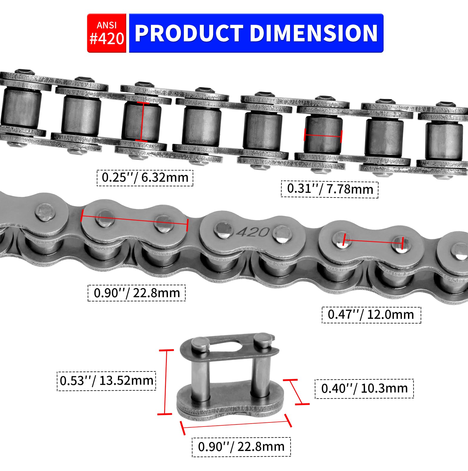 Belleone 420 Roller Chain 140 Links With 5 Free Connecting Links And Chain Breaker, Drive Chain Compatible With 50Cc 70Cc 90Cc,