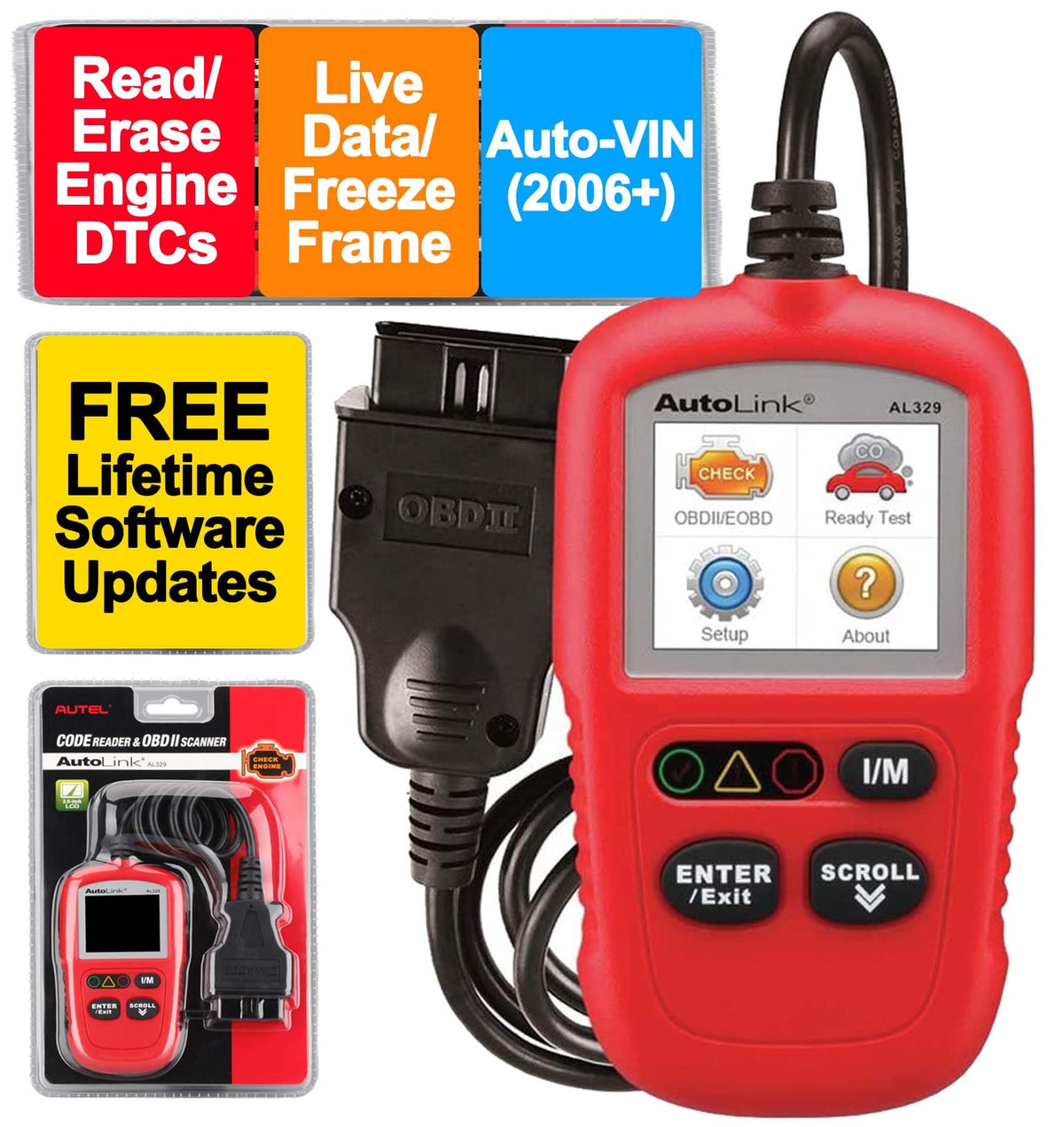 Autel Autolink Al329 (Free Lifetime Update) Obd2/Eobd Handheld Code Reader, One-Click I/M Readiness Key, Obdii/Can Car Diagnosti