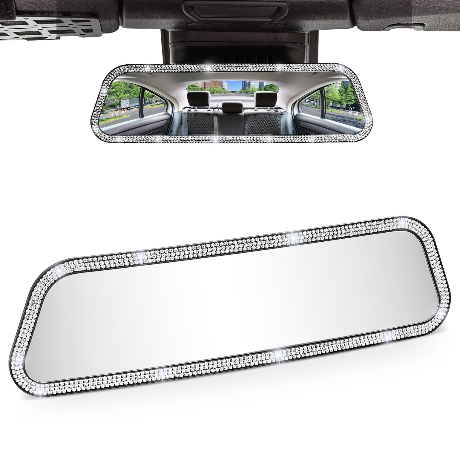 Joytutus Bling Car Rear View Mirror, 12 Inch Panoramic Rearview Mirror, Interior Clip-On Wide Angle Convex Universal Rear View T