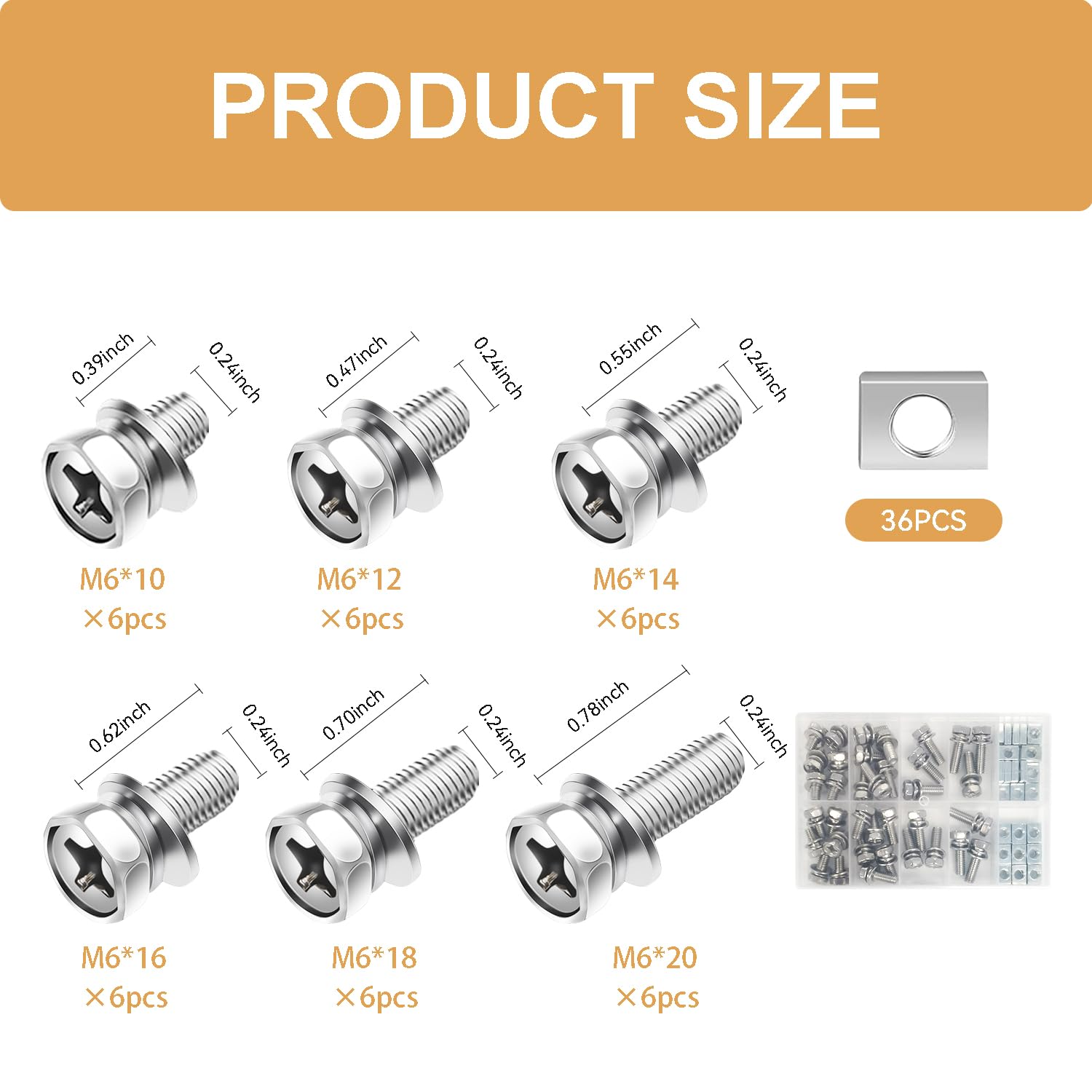 Zdwfdc 72Pcs Battery Terminal Motorcycle Bolts And Nuts Kit M6*10/12/14/16/18/20Mm 304 Stainless Steel Battery Bolt With Square