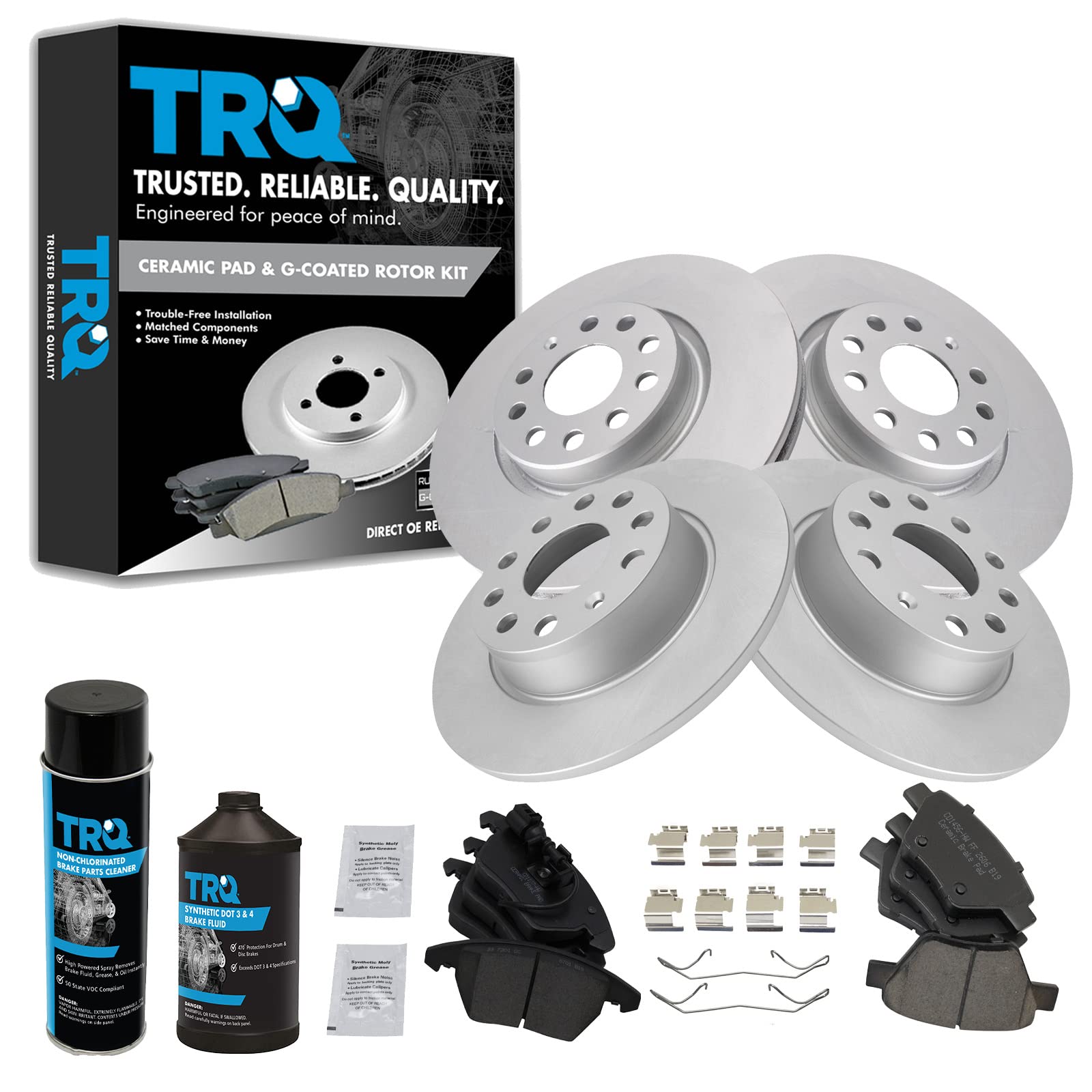 Trq Front & Rear Ceramic Brake Pad & Coated Rotor Kit W/Chemicals Compatible With 2010-2013 Audi A3 A3 Quattro 2011-2016 Volkswa