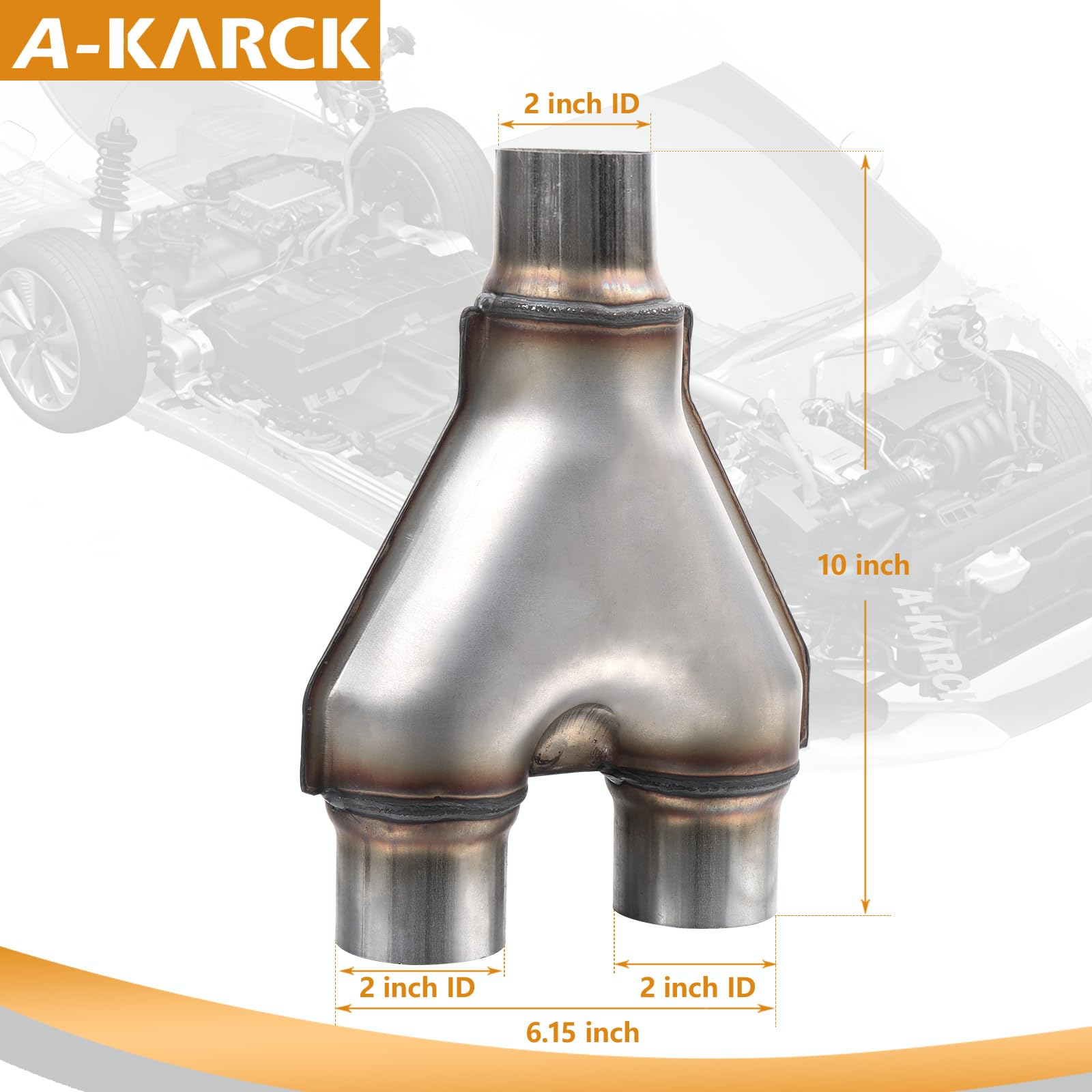 Exhaust Y Pipe 2'' Inlet, A-Karck Stainless Steel 2'' Outlet 10'' Long Y Pipe Withstands High Temperatures