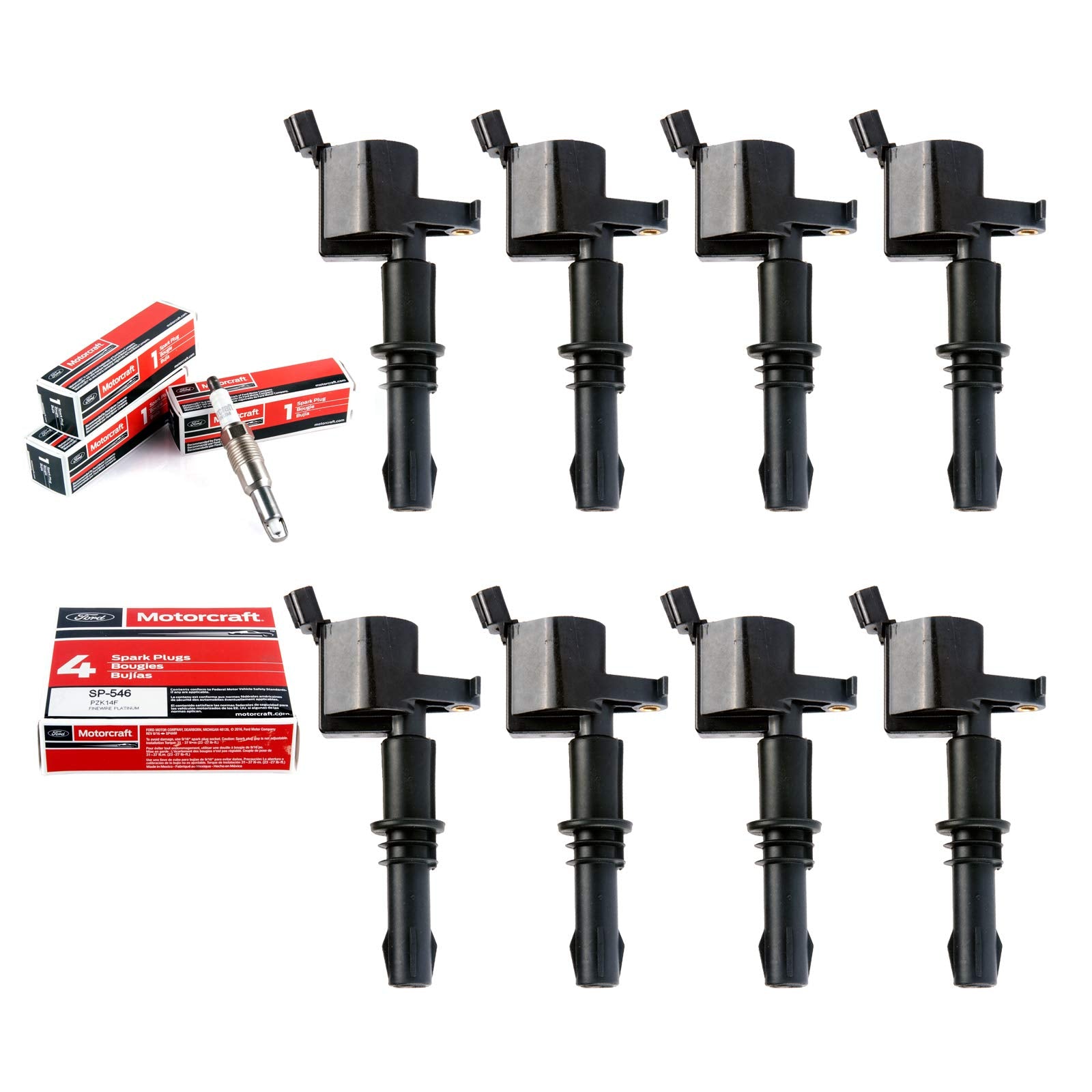 Mas Set Of 8 Ignition Coils Pack Straight Boot & Motorcraft Spark Plug Sp546 Sp515 Compatible With Ford F150 F250 F350 Super Duty Expedition Lincoln Navigator V8 5.4L Replacement For Dg511 Fd508