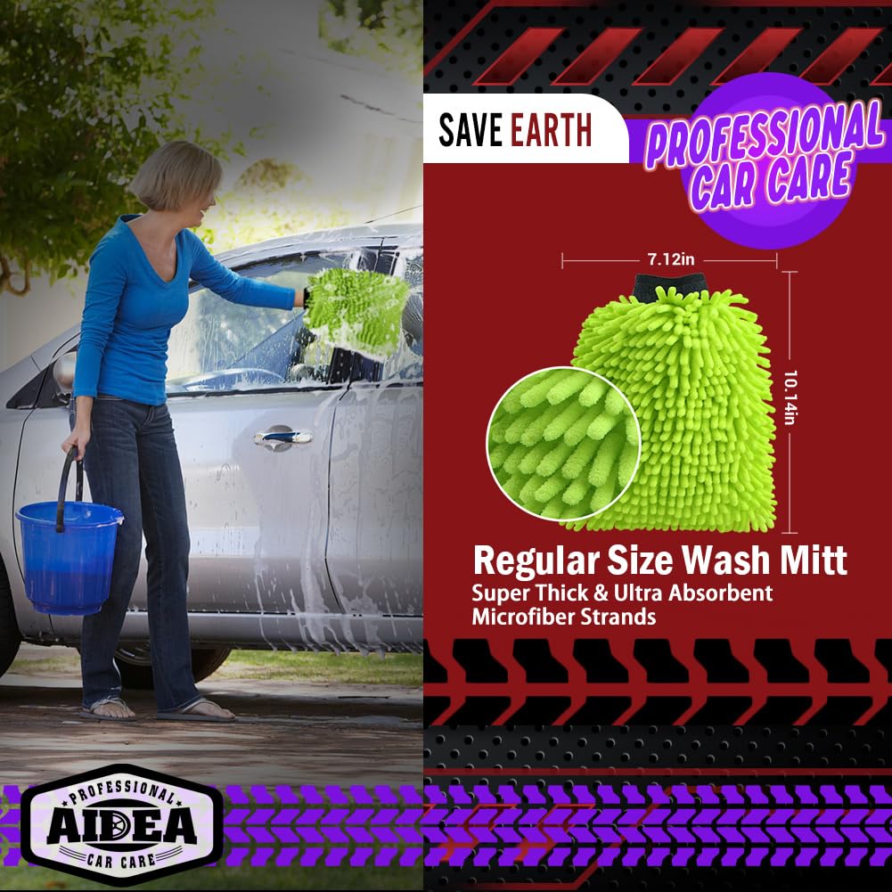 Aidea Car Wash Mitt Microfiber, 1Pk-Scratch-Free& Lint-Free, Premium Chenille Microfiber Wash Mitt Car Wash Brush-Green Regular