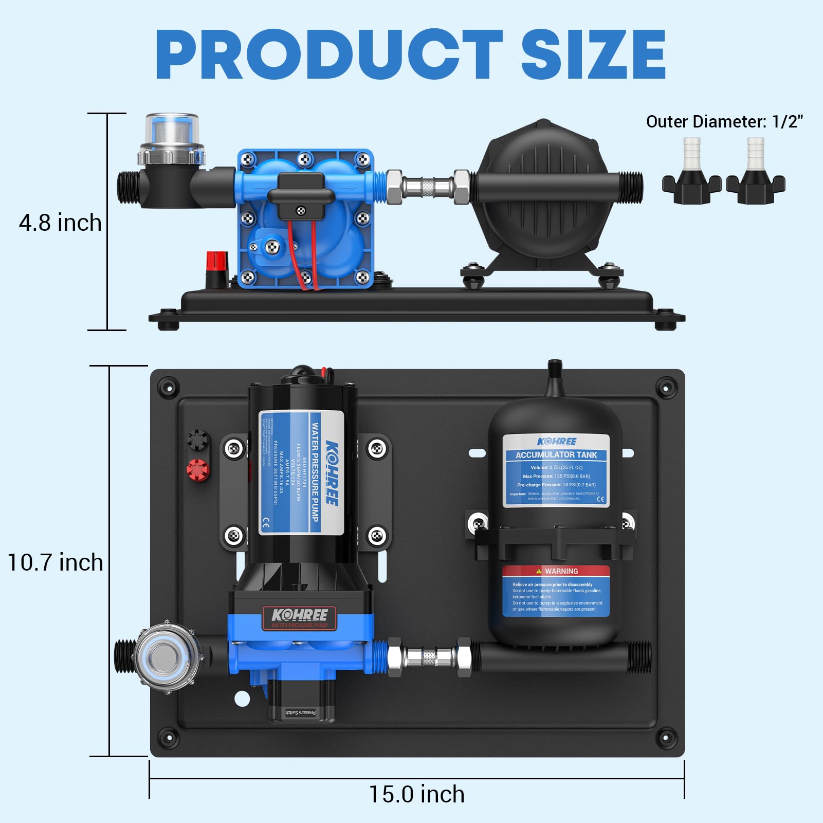 Kohree Rv Water Pump 12V Dc 5.5Gpm 55Psi And 0.75L 125Psi Pre-Pressurized Accumulator Tank, Quiet Rv Water Pump And Accumulator