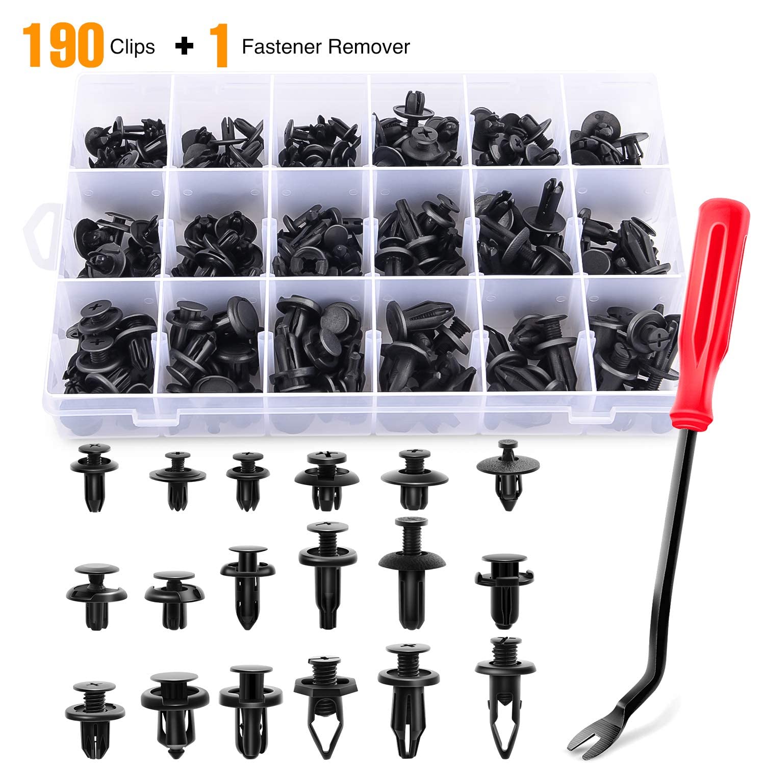 Gooacc 190 Pcs Car Retainer Clips & Fastener Remover - 18 Most Popular Sizes & Applications Auto Push Pin Rivets Set -Door Trim Panel Clips For Toyota, Honda, Nissan, Mazda - Bonus Fastener Remover