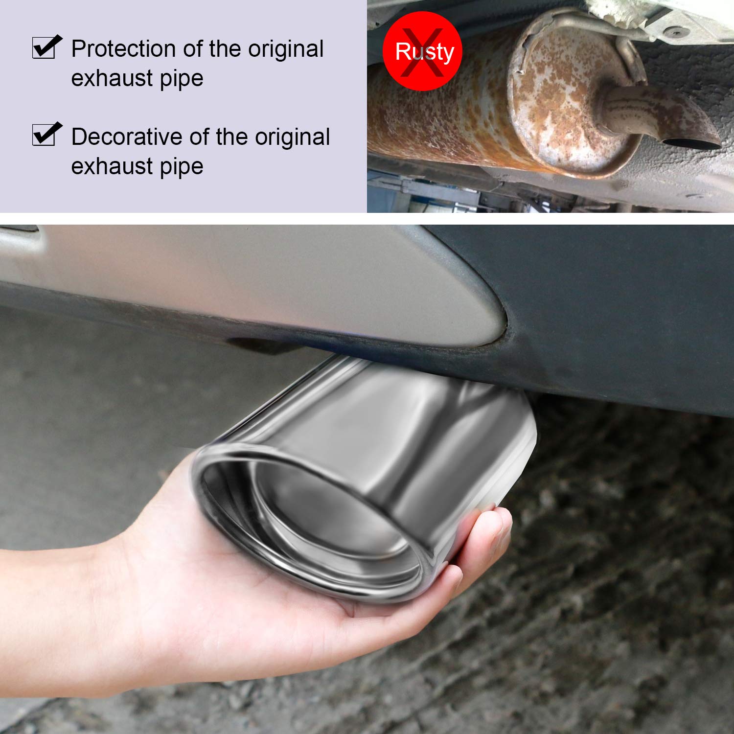 Dsycar Universal 1.5-2.25 Inch Adjustable Inlet Exhaust Tips, Bolt-On Design Chrome Plated Stainless Steel Exhaust Tailpipe Tips (Silver Curved)