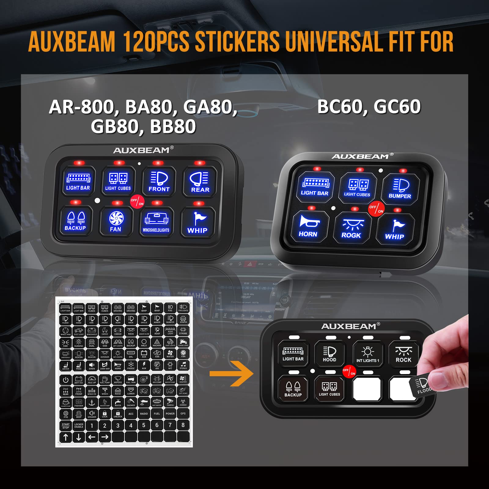 Auxbeam 120Pcs Switch Panel Sticker, Switch Label Kit For Auxbeam Switch Panel Ba80, Ga80, Bb80, Gb80, Bc60, Gc60, Ar-800 Fit For Car Boat Truck Vehicle Text Sticker, Black,White