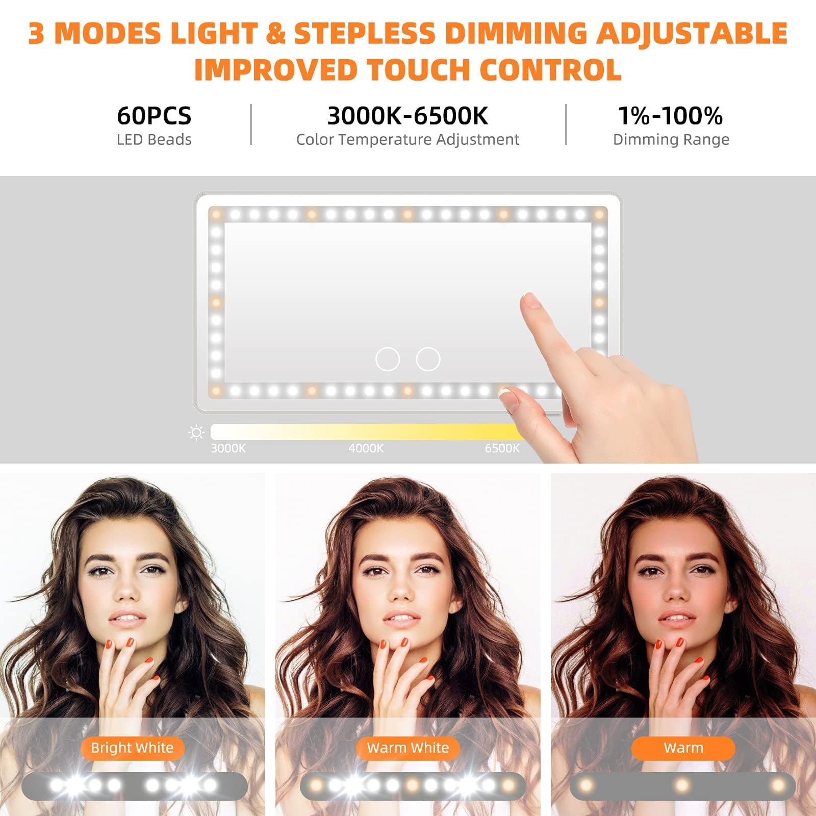 Car Sun Visor Vanity Mirror, Rechargeable Makeup Mirrors With 3 Light Modes & 60 Leds- Dimmable Clip-On Rear View Sun-Shading Co