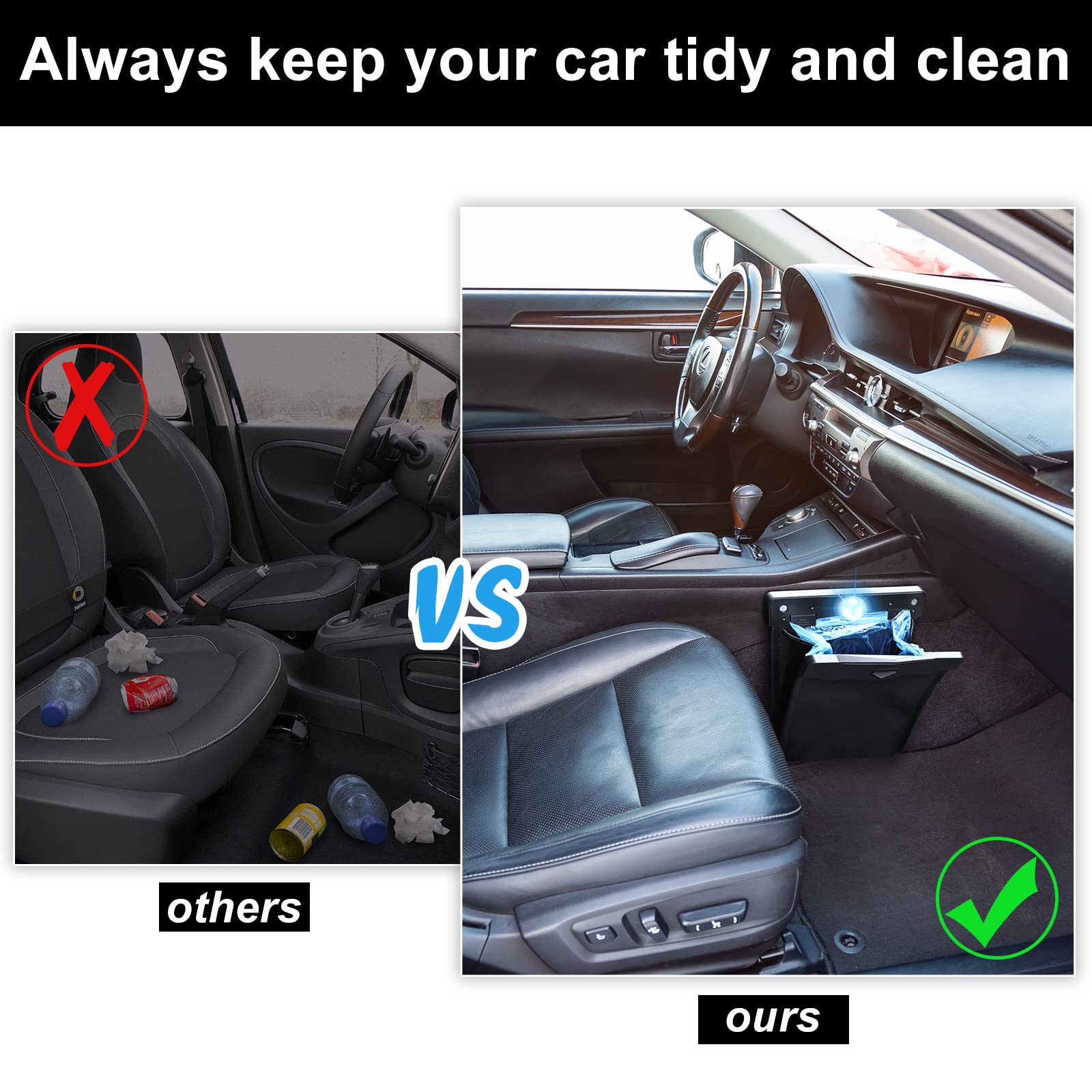 Fuutreo 2 Pcs Smart LED Car Trash Cans Waterproof Garbage Bags with 30pcs Disposable Trash Bags Hanging Leather Magnet Car Stora